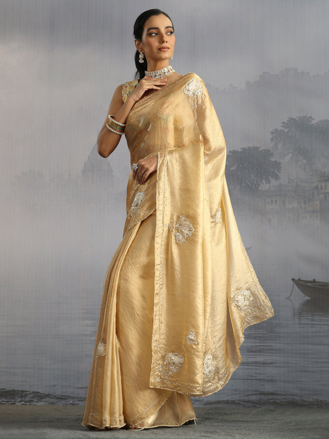  Libas Golden Floral Embellished Tissue Saree 