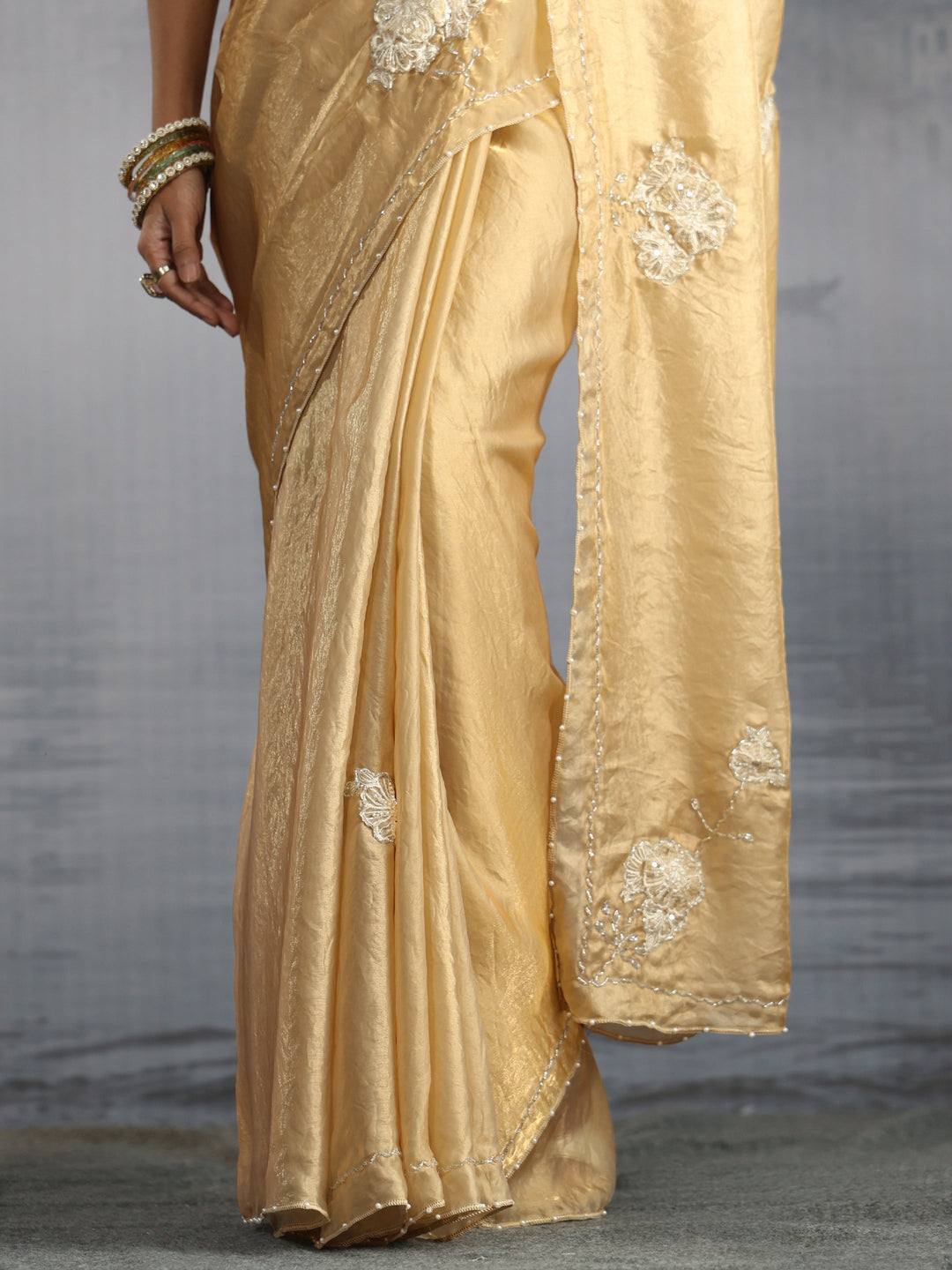  Libas Golden Floral Embellished Tissue Saree 