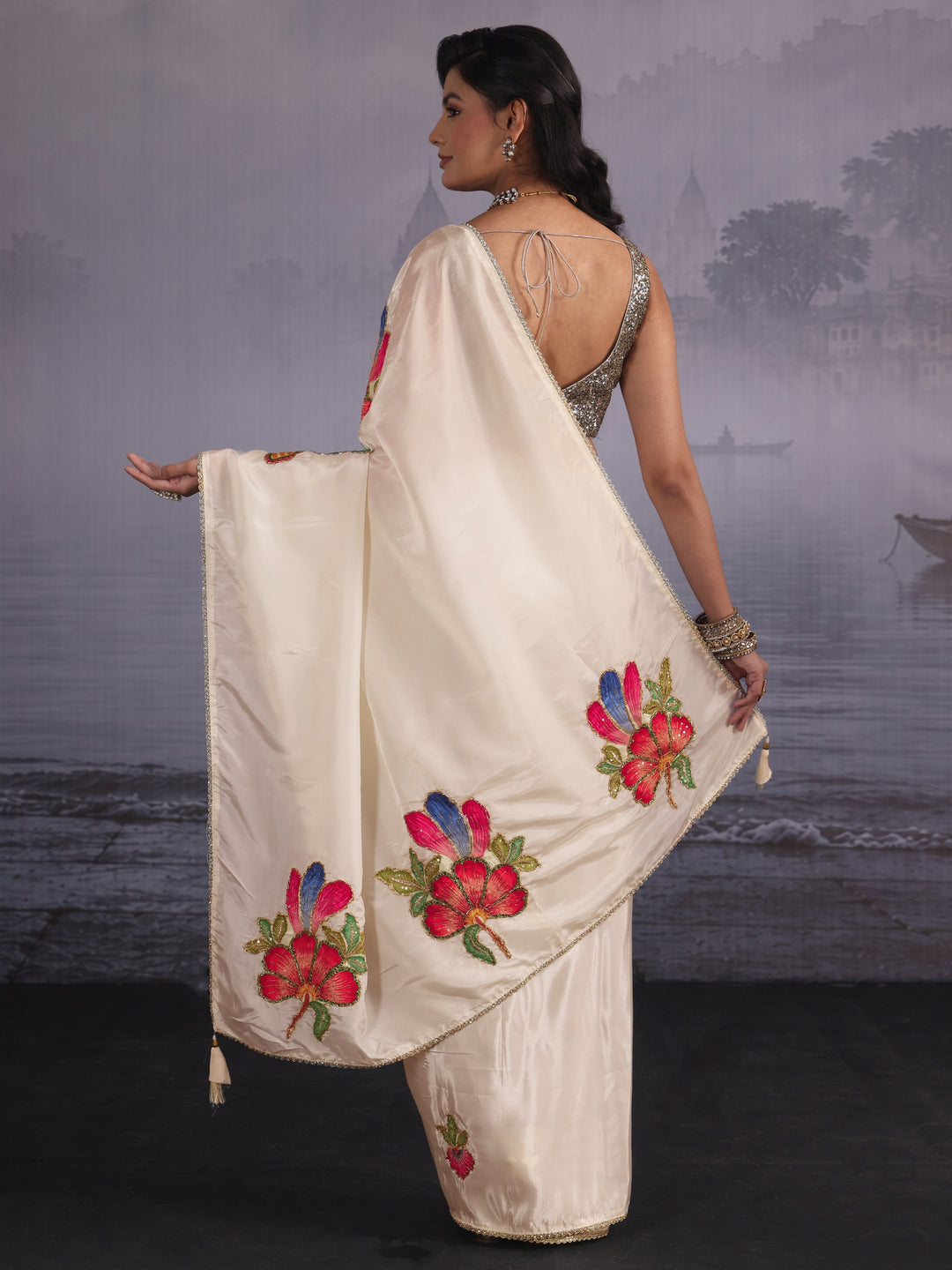  Libas Cream Floral Applique Embellished Satin Saree 