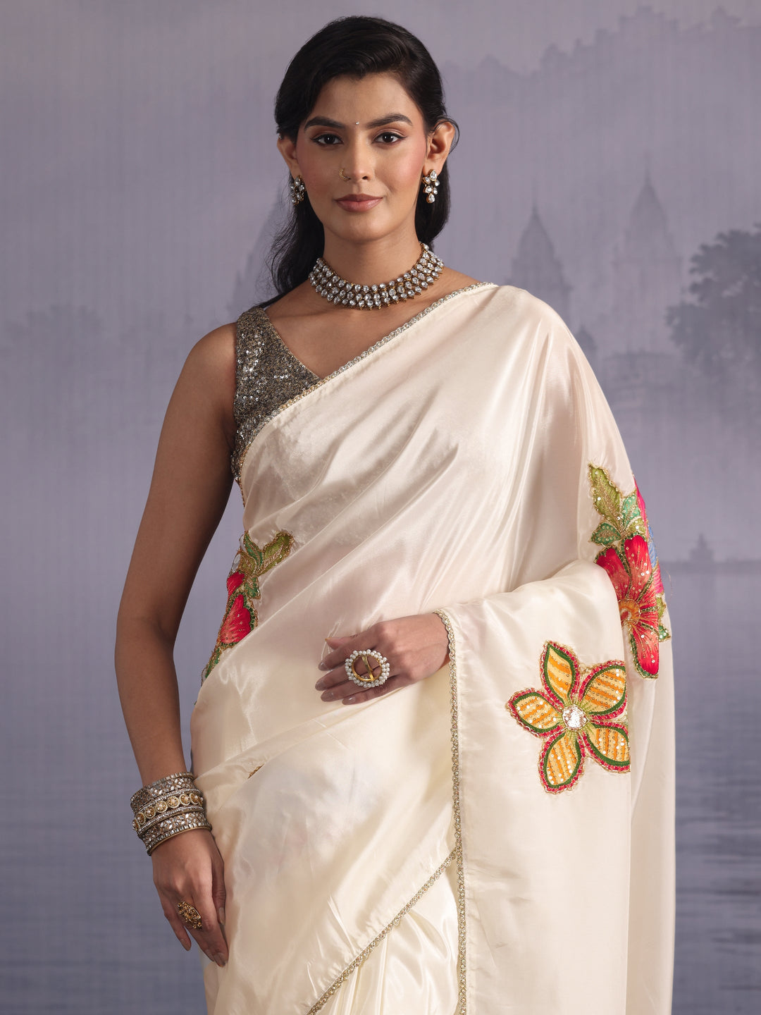  Libas Cream Floral Applique Embellished Satin Saree 