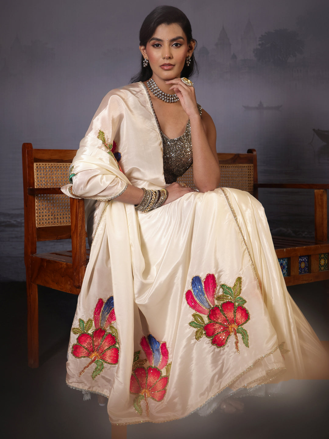  Libas Cream Floral Applique Embellished Satin Saree 