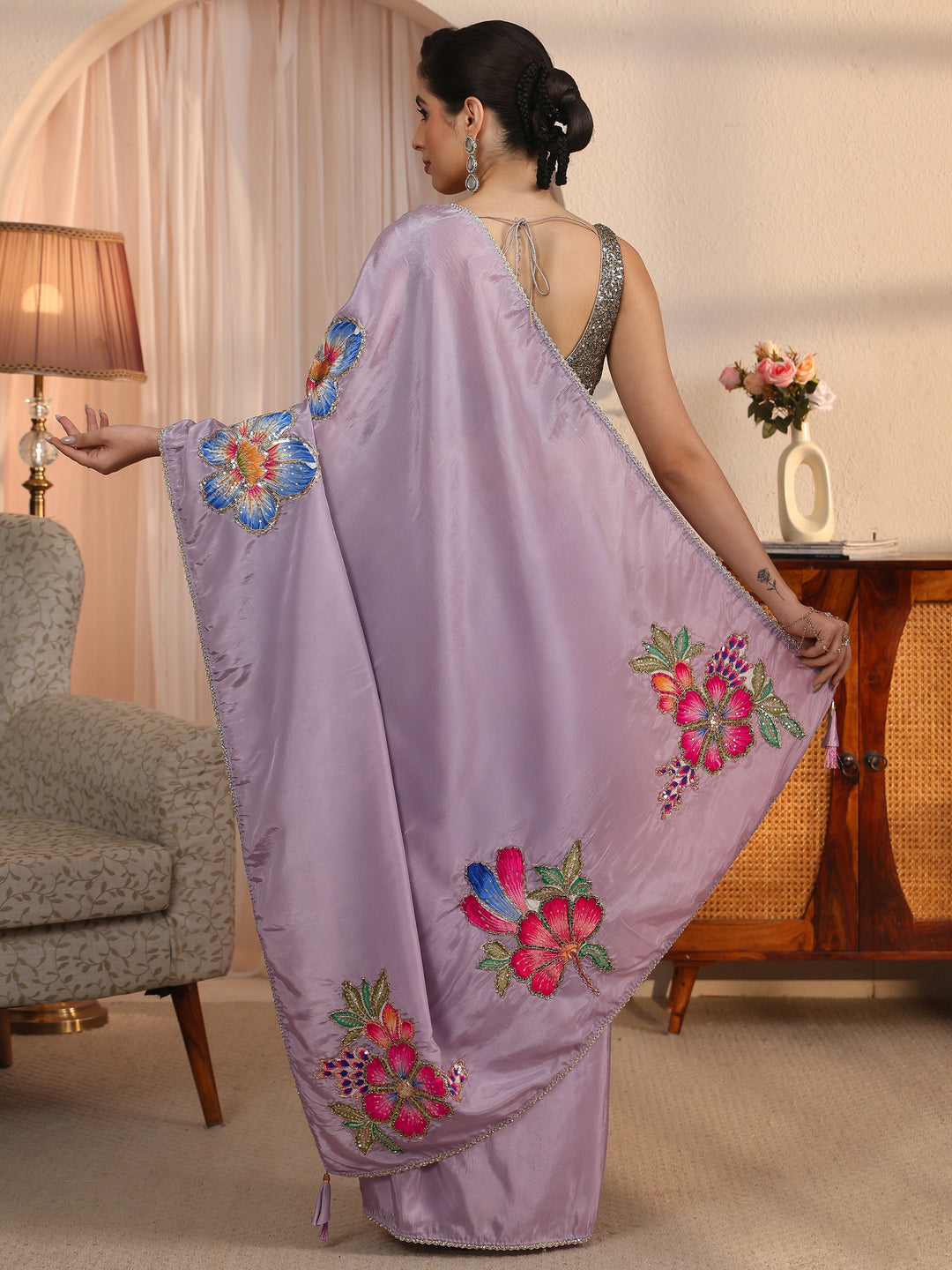  Libas Lavender Satin Saree with Applique Design 