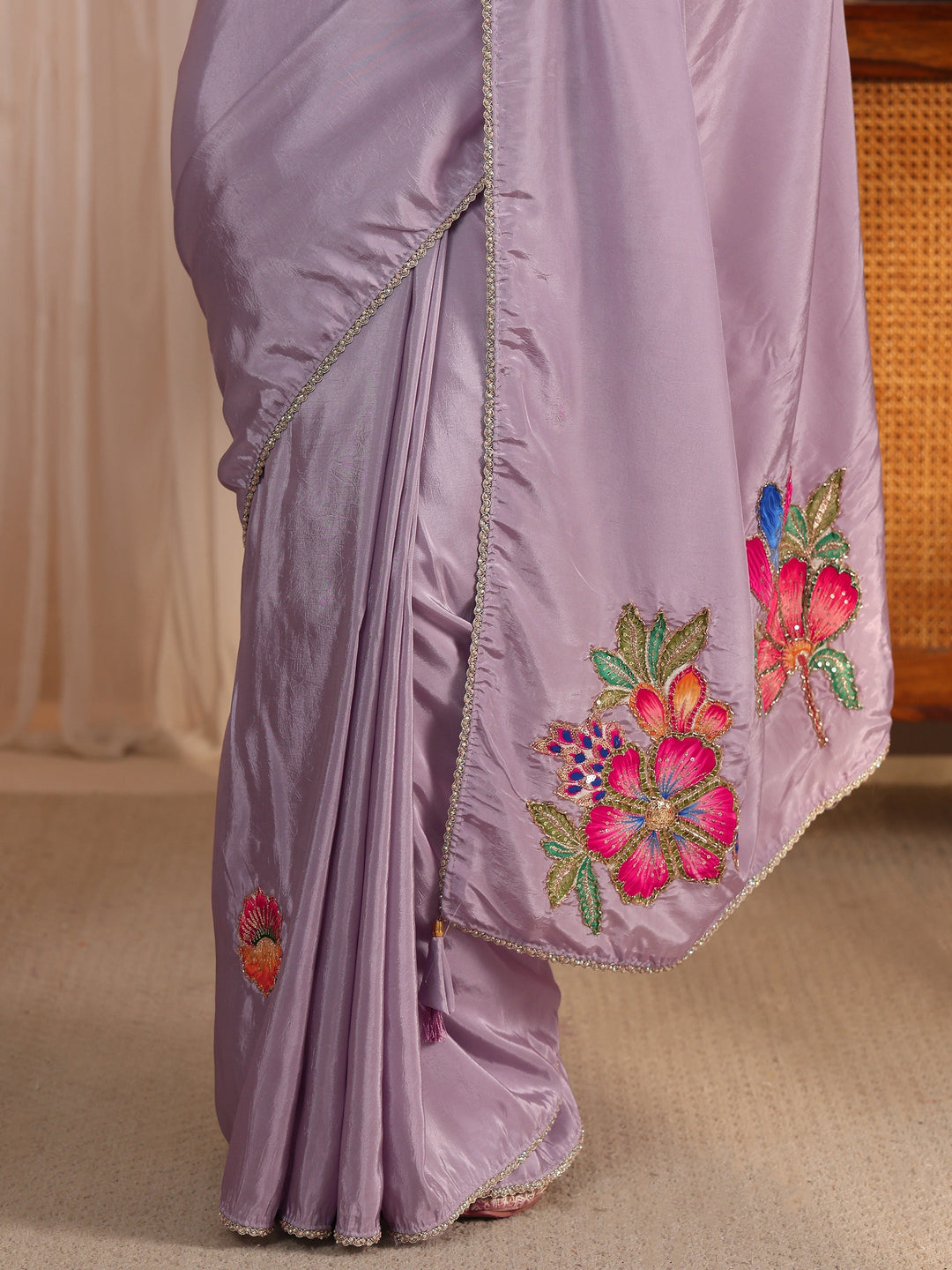  Libas Lavender Satin Saree with Applique Design 