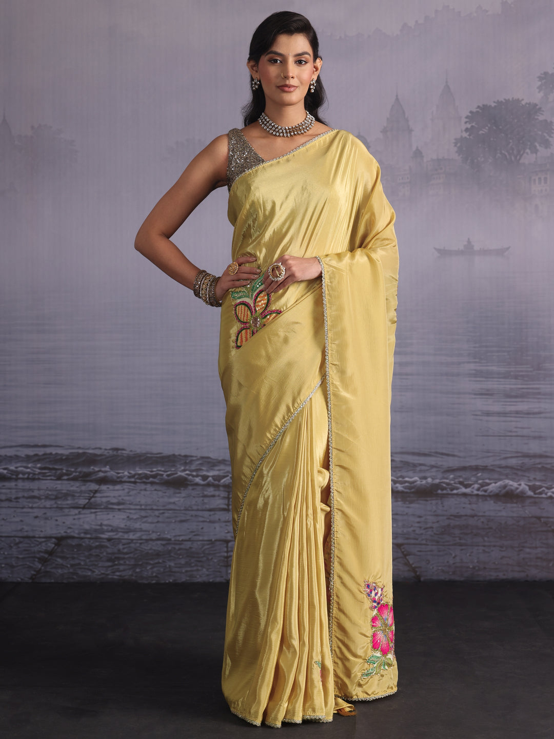  Libas Mustard Floral Applique Embellished Satin Saree 