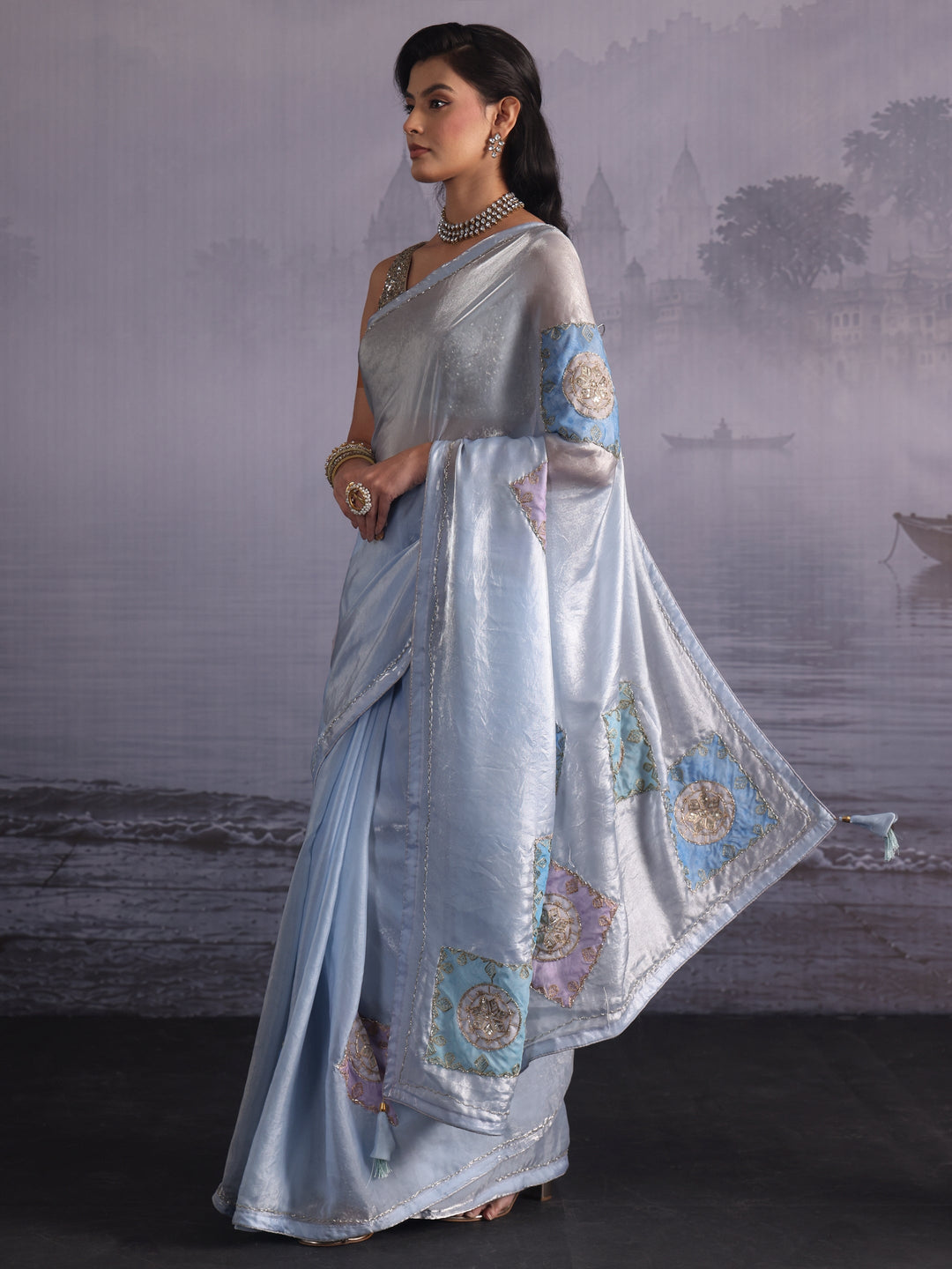  Libas Ice Blue Applique Embellished Tissue Saree 
