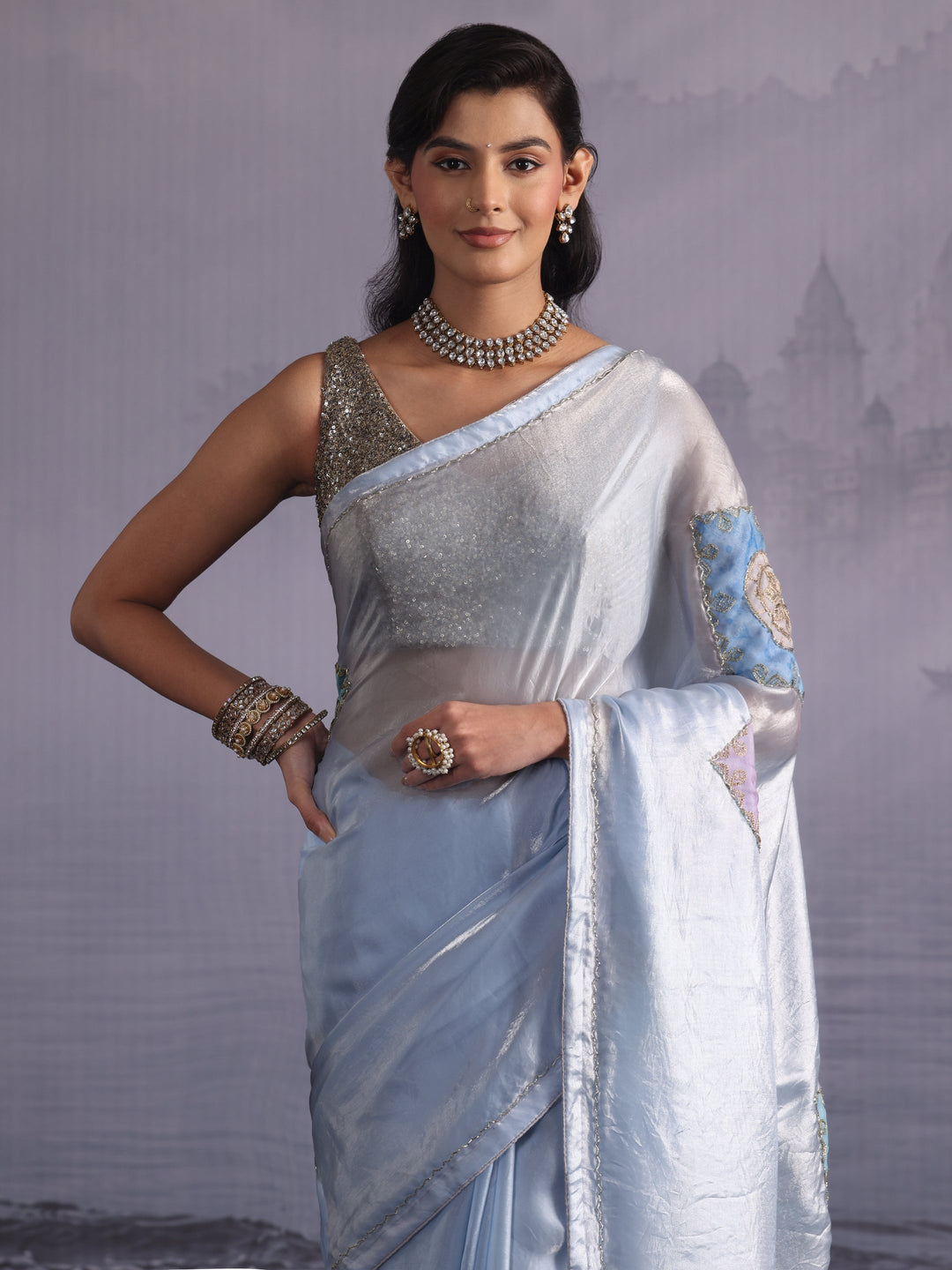  Libas Ice Blue Applique Embellished Tissue Saree 