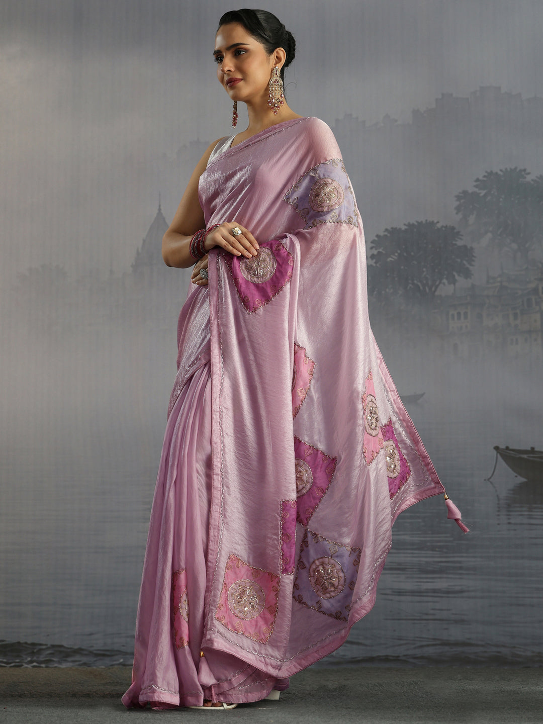  Libas Pink Embellished Tissue Saree with Applique Work 