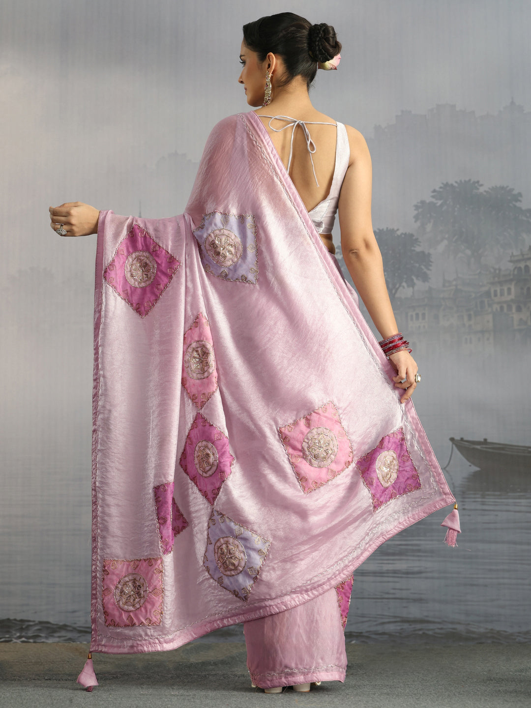  Libas Pink Embellished Tissue Saree with Applique Work 