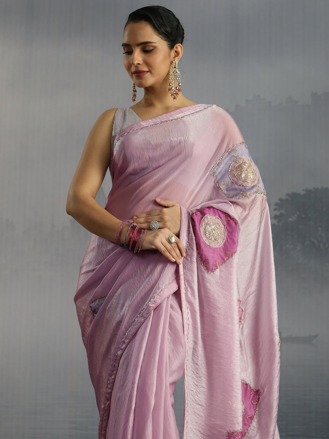  Libas Pink Embellished Tissue Saree with Applique Work 