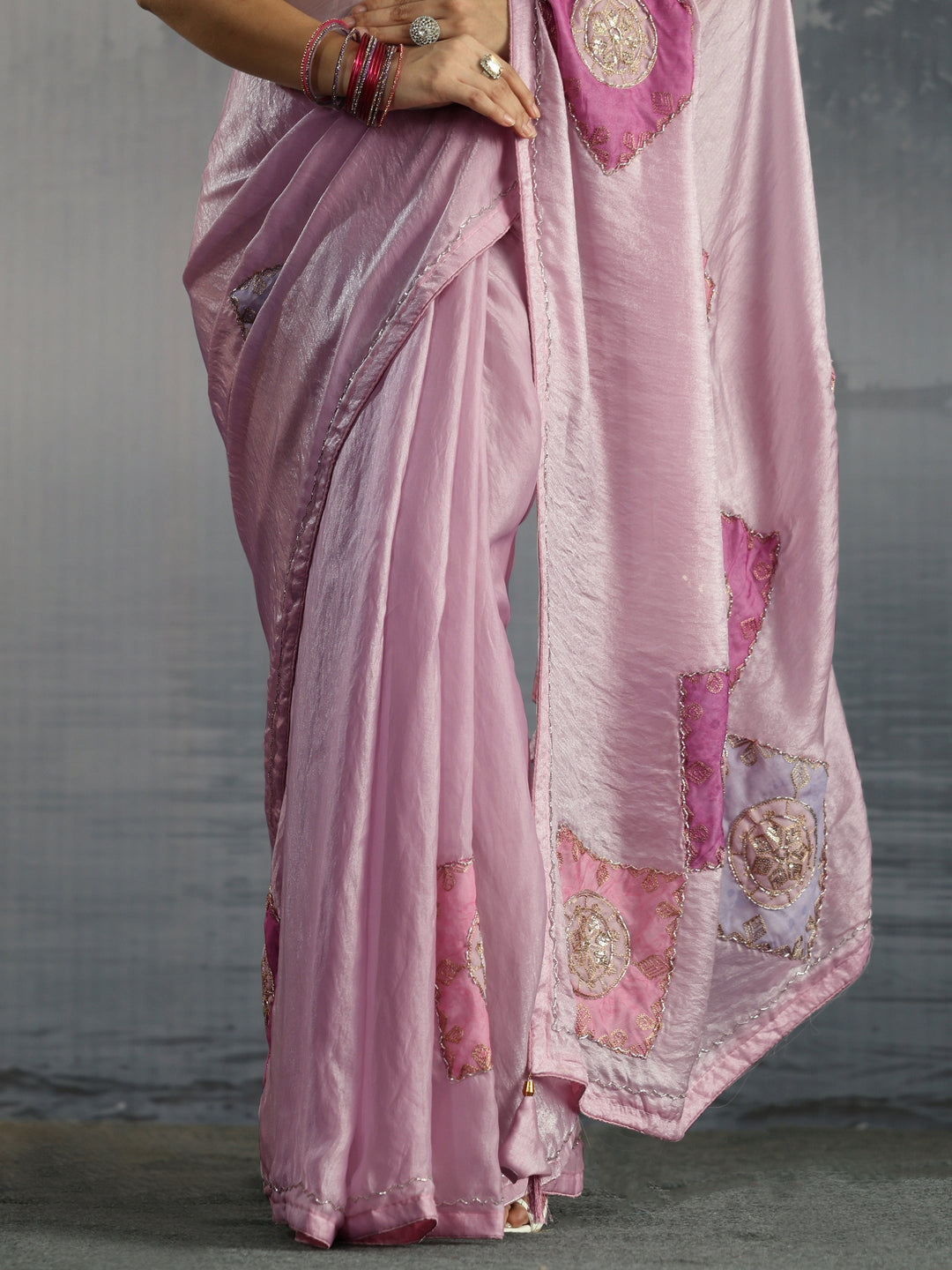  Libas Pink Embellished Tissue Saree with Applique Work 