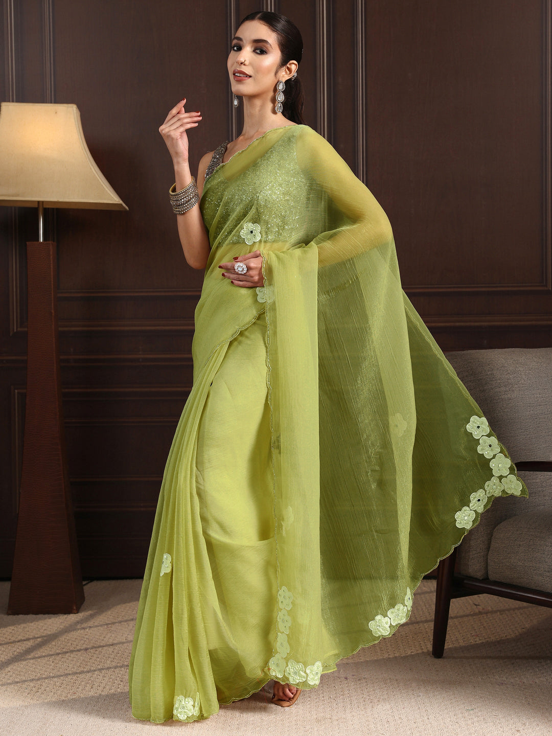  Libas Lime Green Embellished Organza Saree with Applique Work 