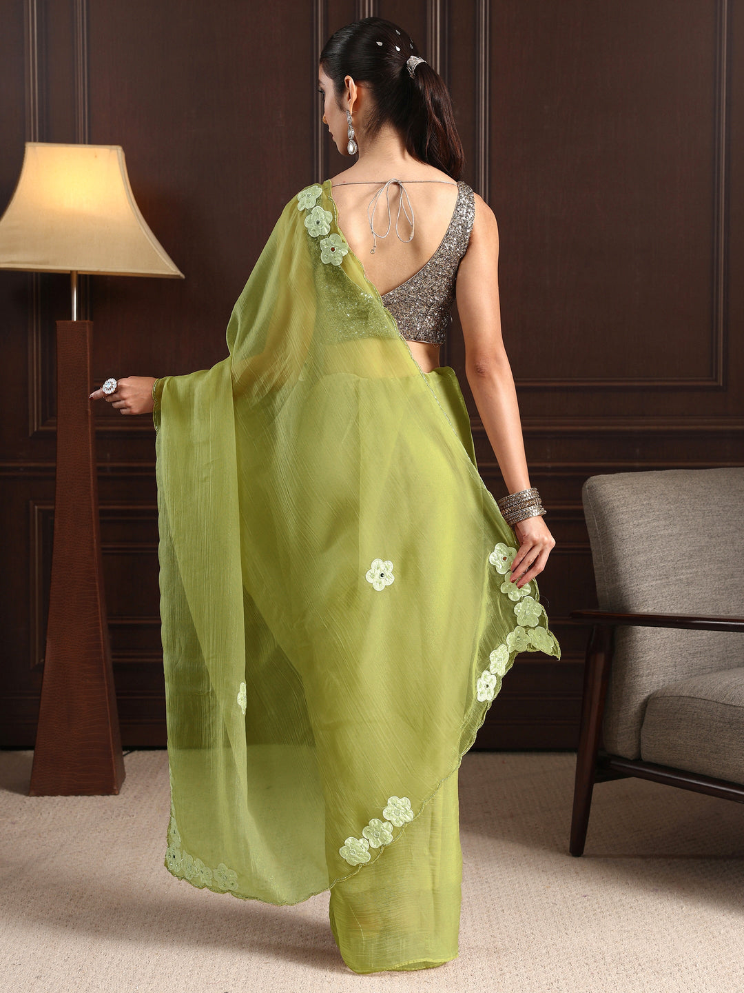  Libas Lime Green Embellished Organza Saree with Applique Work 