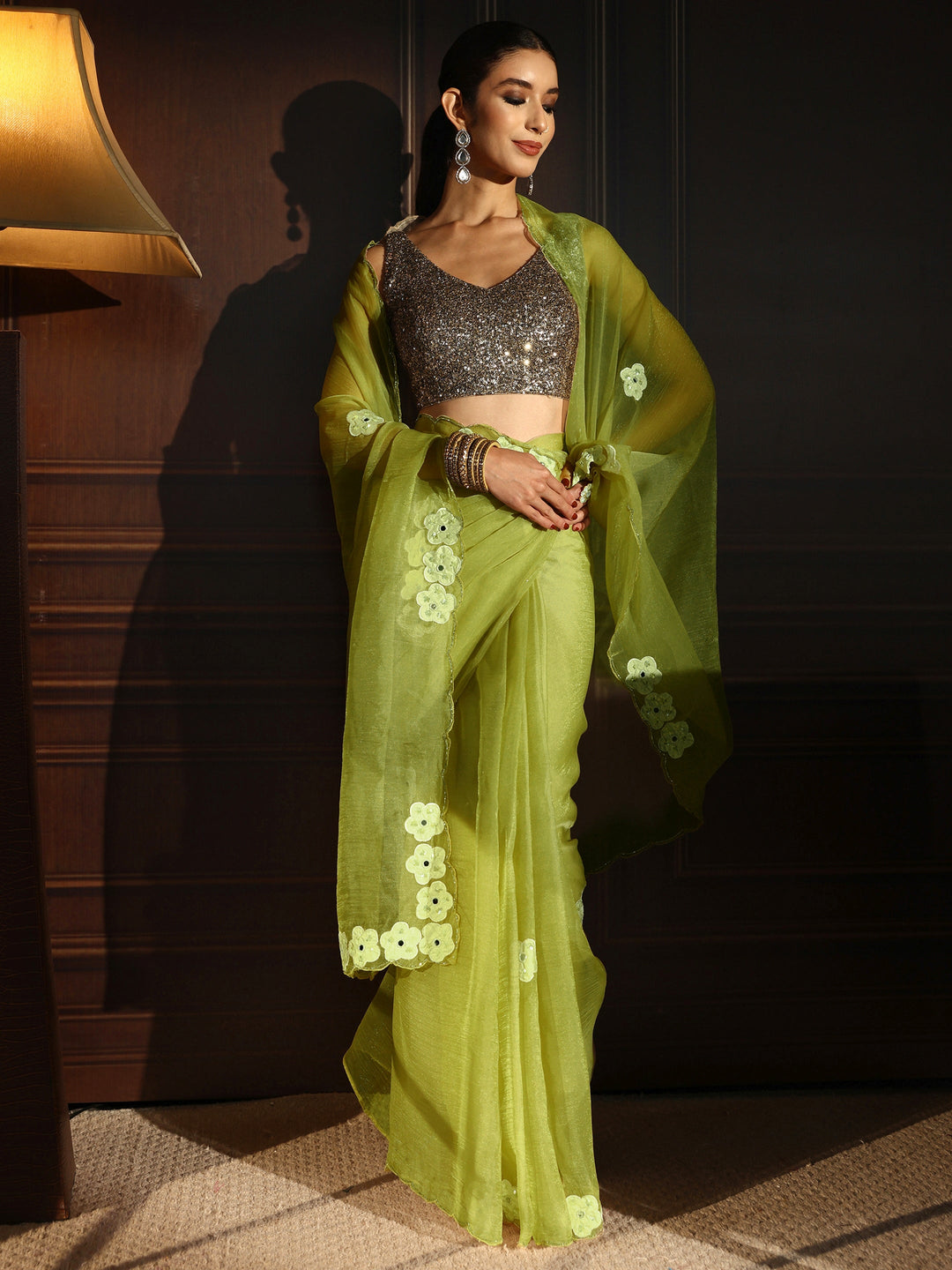  Libas Lime Green Embellished Organza Saree with Applique Work 