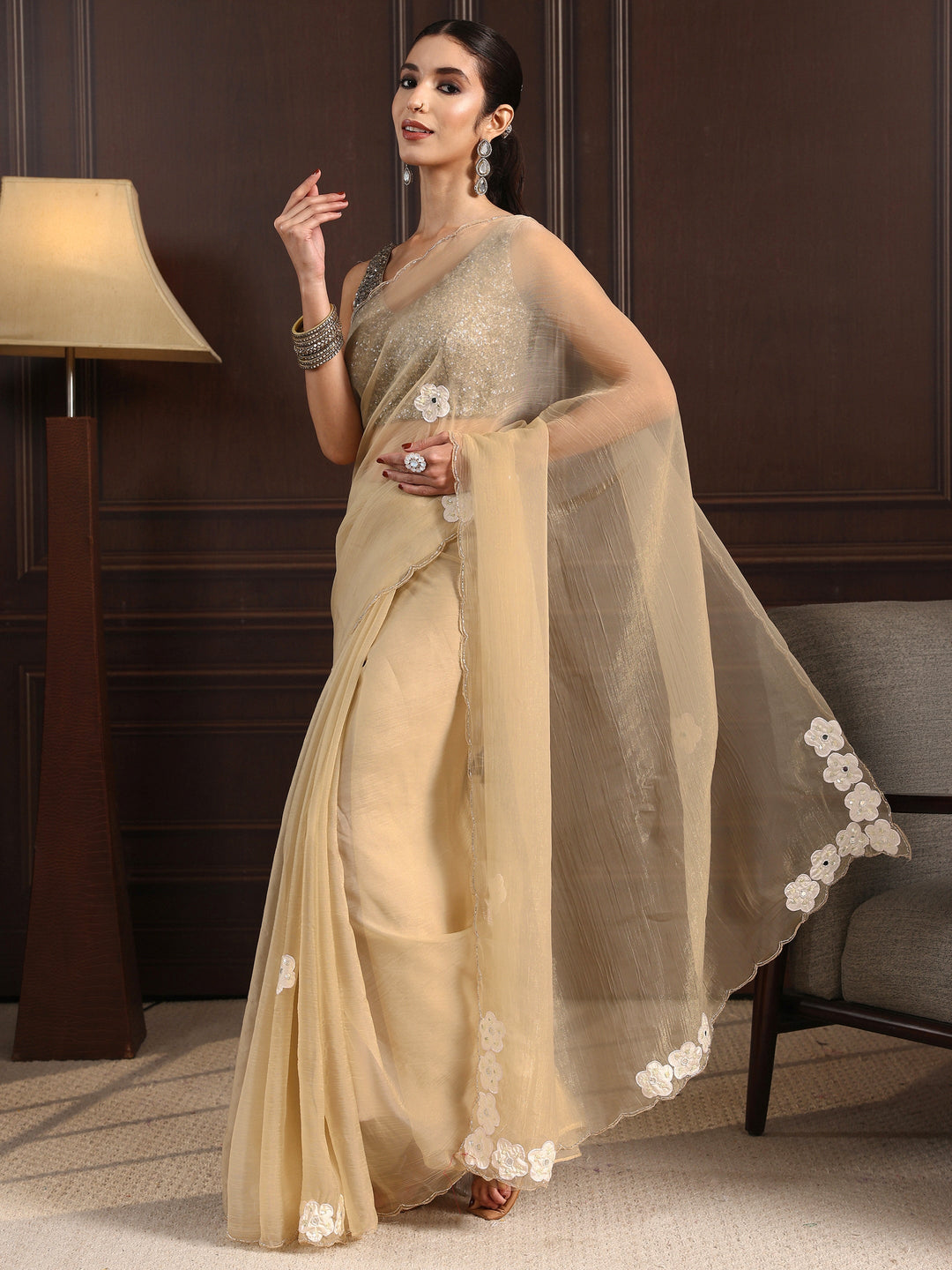  Libas Taupe Embellished Organza Saree with Applique Work 