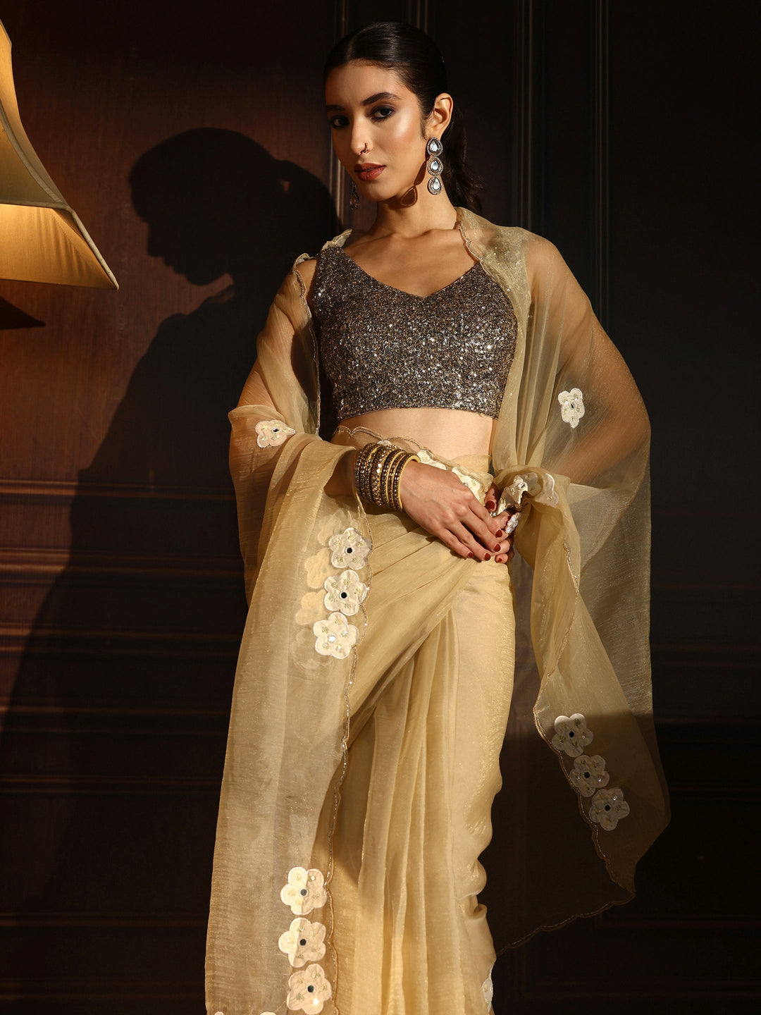  Libas Taupe Embellished Organza Saree with Applique Work 