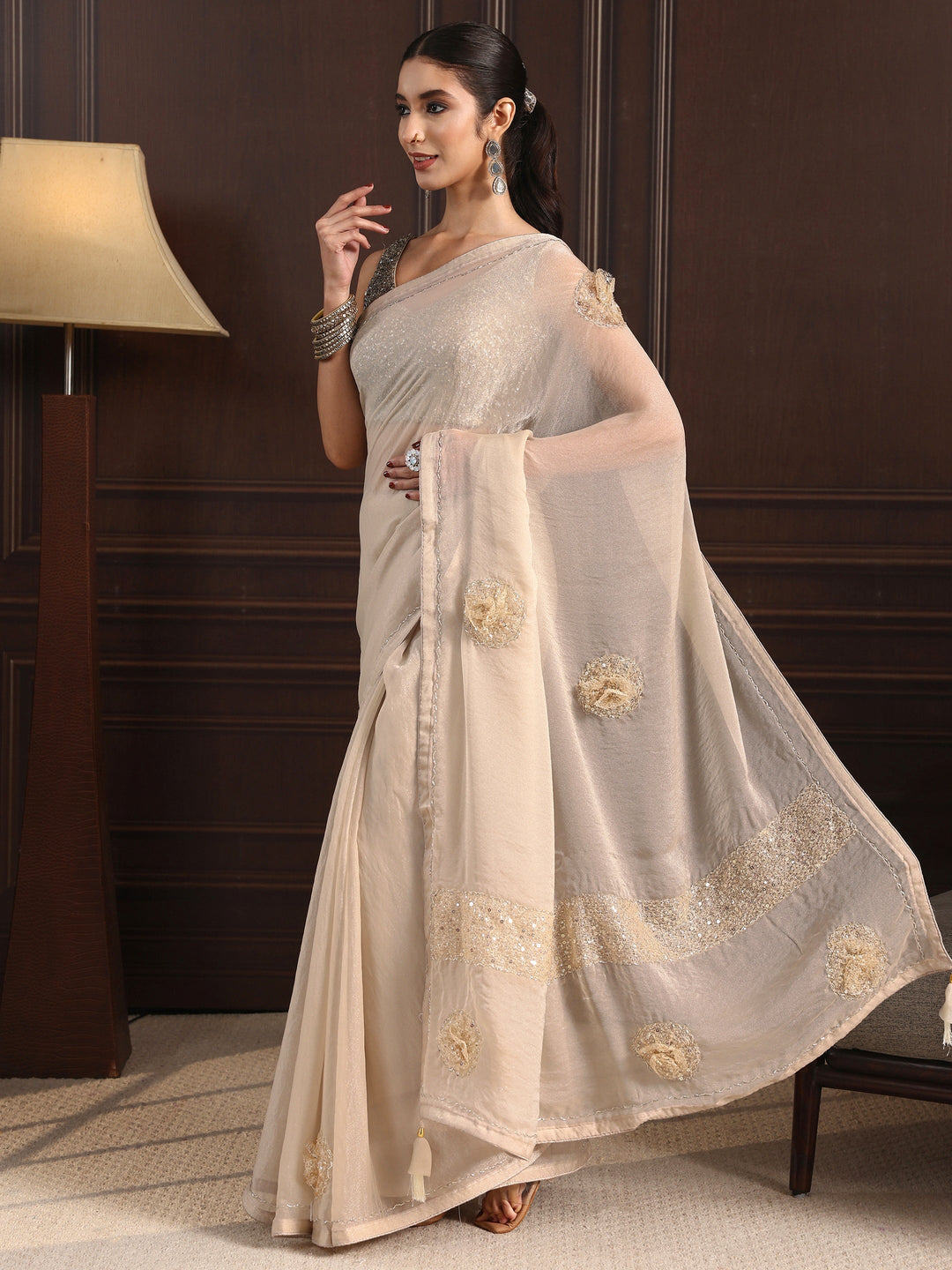  Libas Taupe Embellished Tissue Saree with Applique Work 
