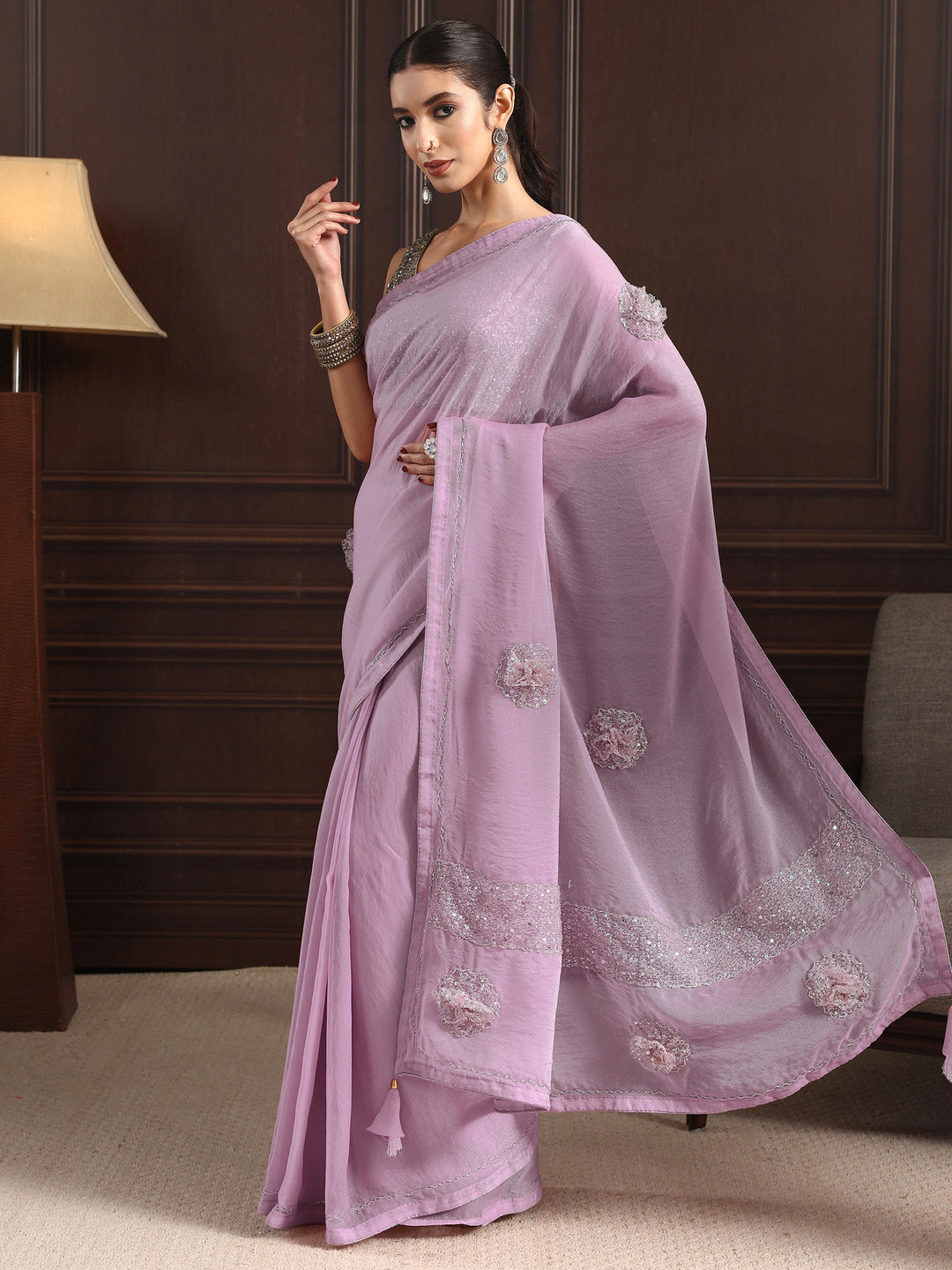  Libas Lavender Embellished Tissue Saree with Applique Work 