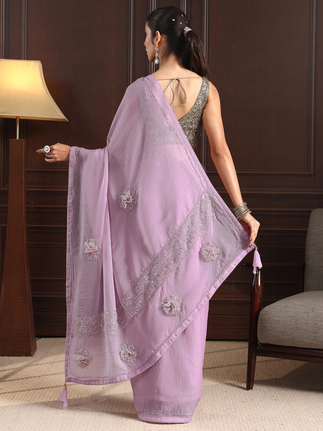  Libas Lavender Embellished Tissue Saree with Applique Work 