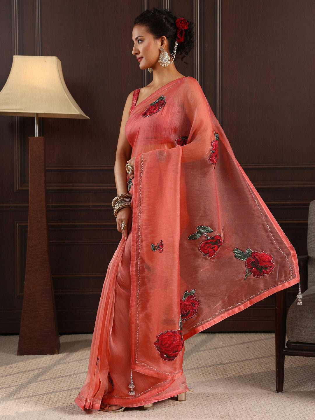  Libas Peach Pink Embellished Organza Saree with Applique Work 