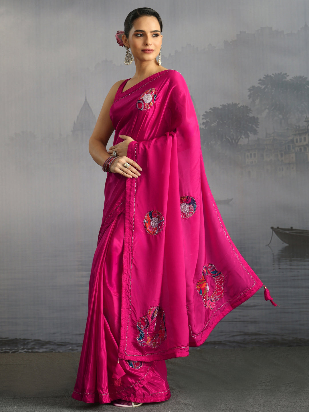  Libas Fuchsia Pink Embellished Satin Saree with Applique Work 