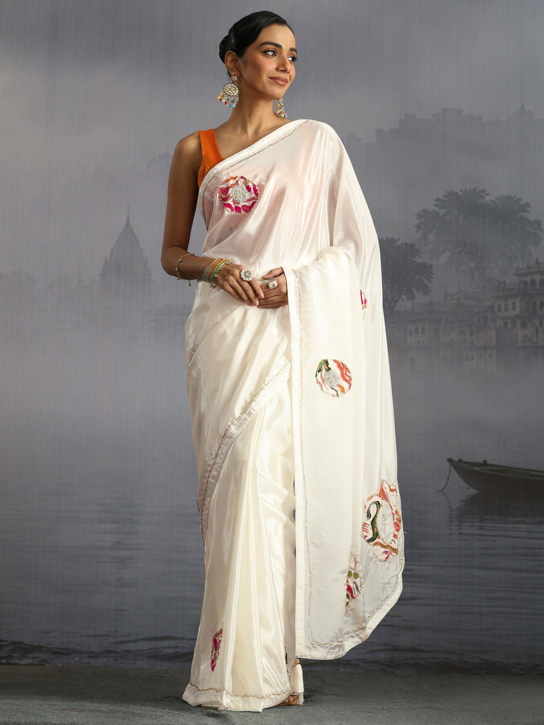  Libas Off White Embellished Satin Saree with Applique Work 