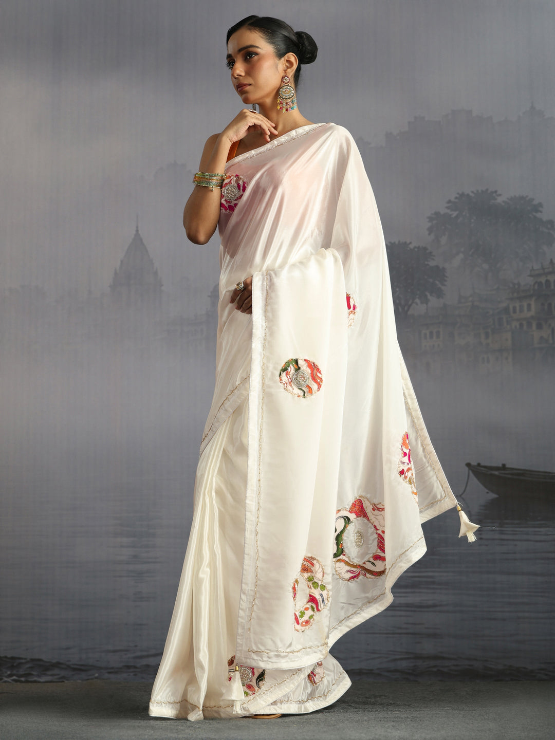  Libas Off White Embellished Satin Saree with Applique Work 