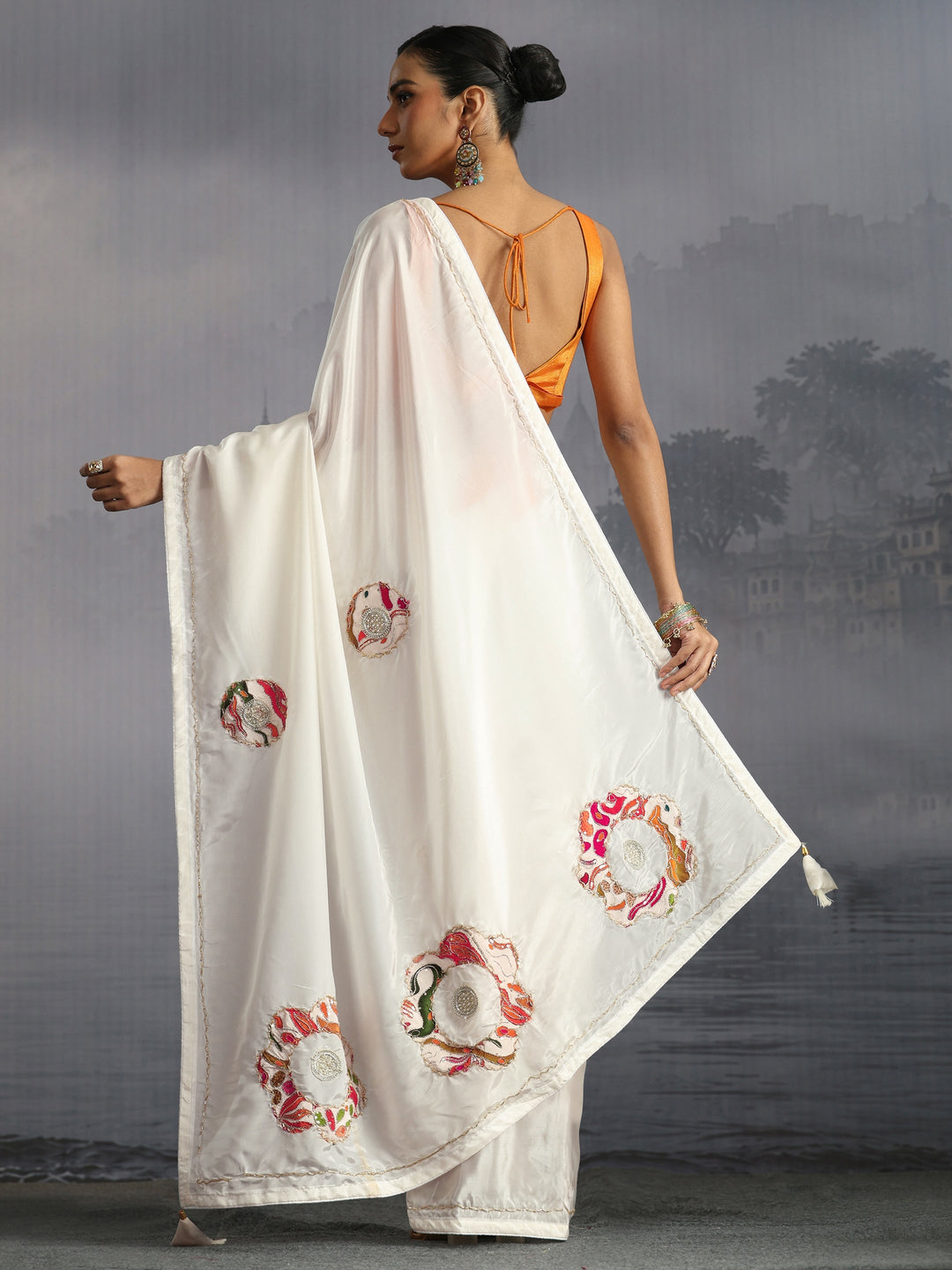  Libas Off White Embellished Satin Saree with Applique Work 