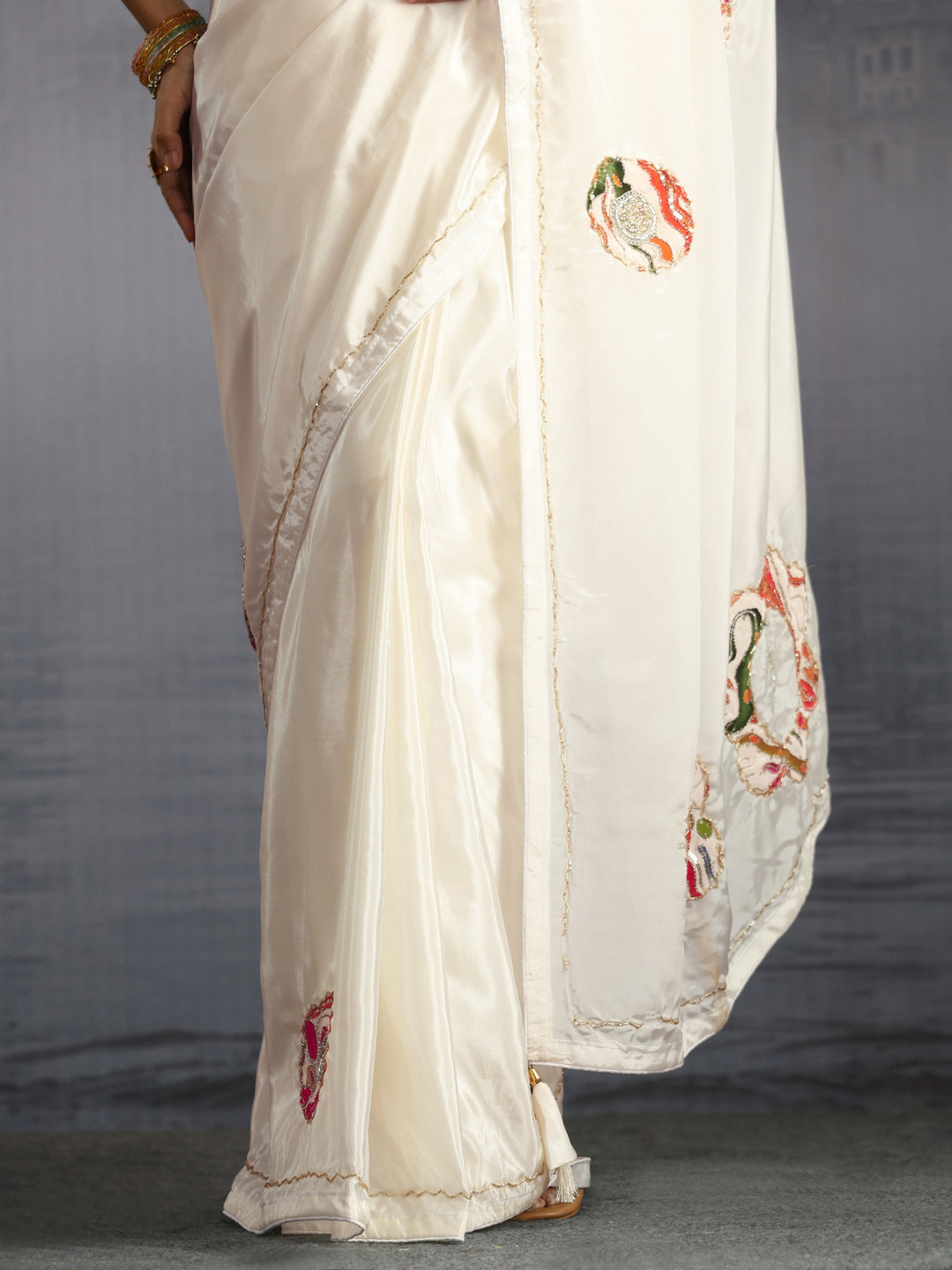  Libas Off White Embellished Satin Saree with Applique Work 