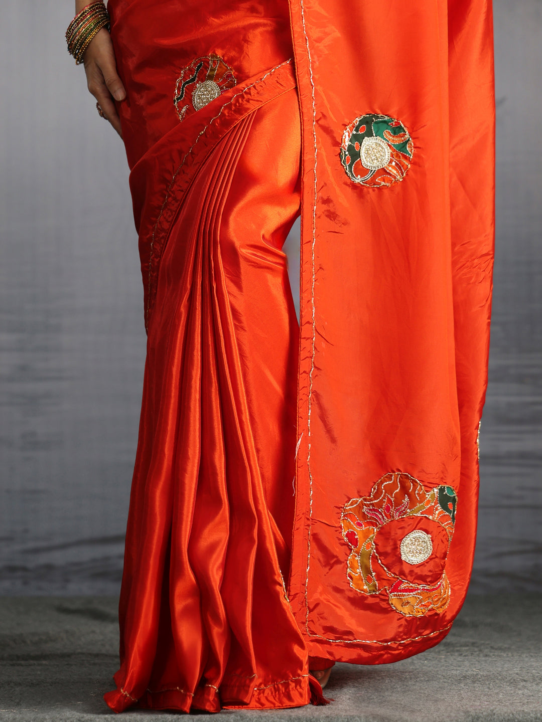  Libas Orange Embellished Satin Saree with Applique Work 