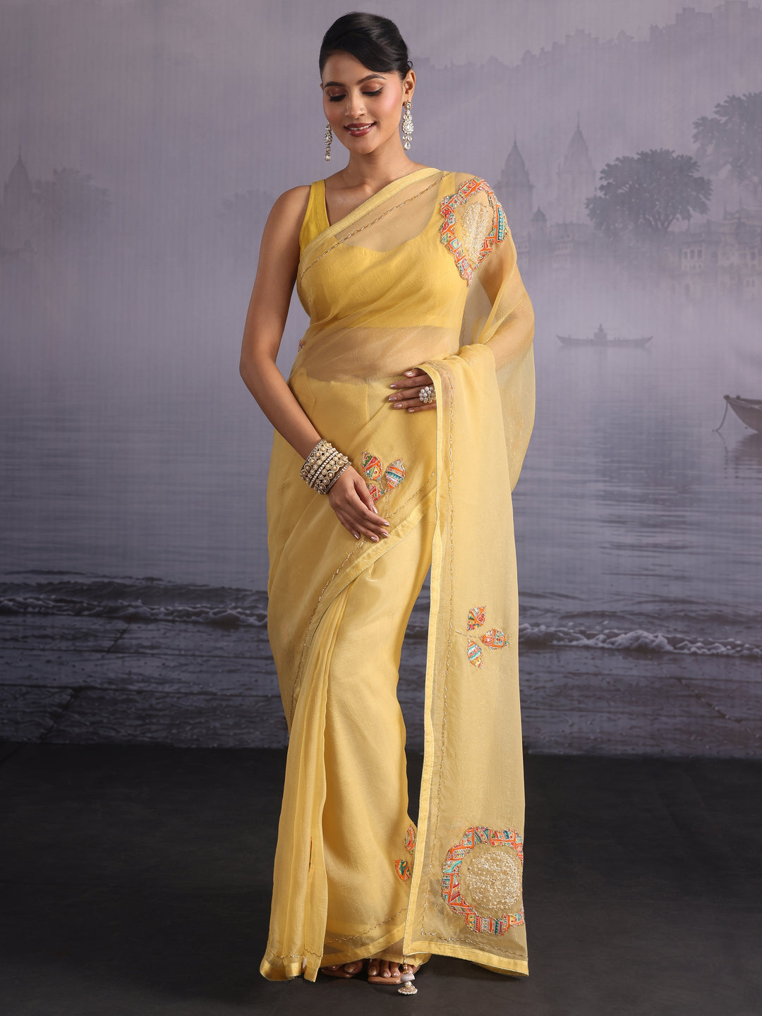  Libas Mustard Floral Applique Embellished Tissue Saree 