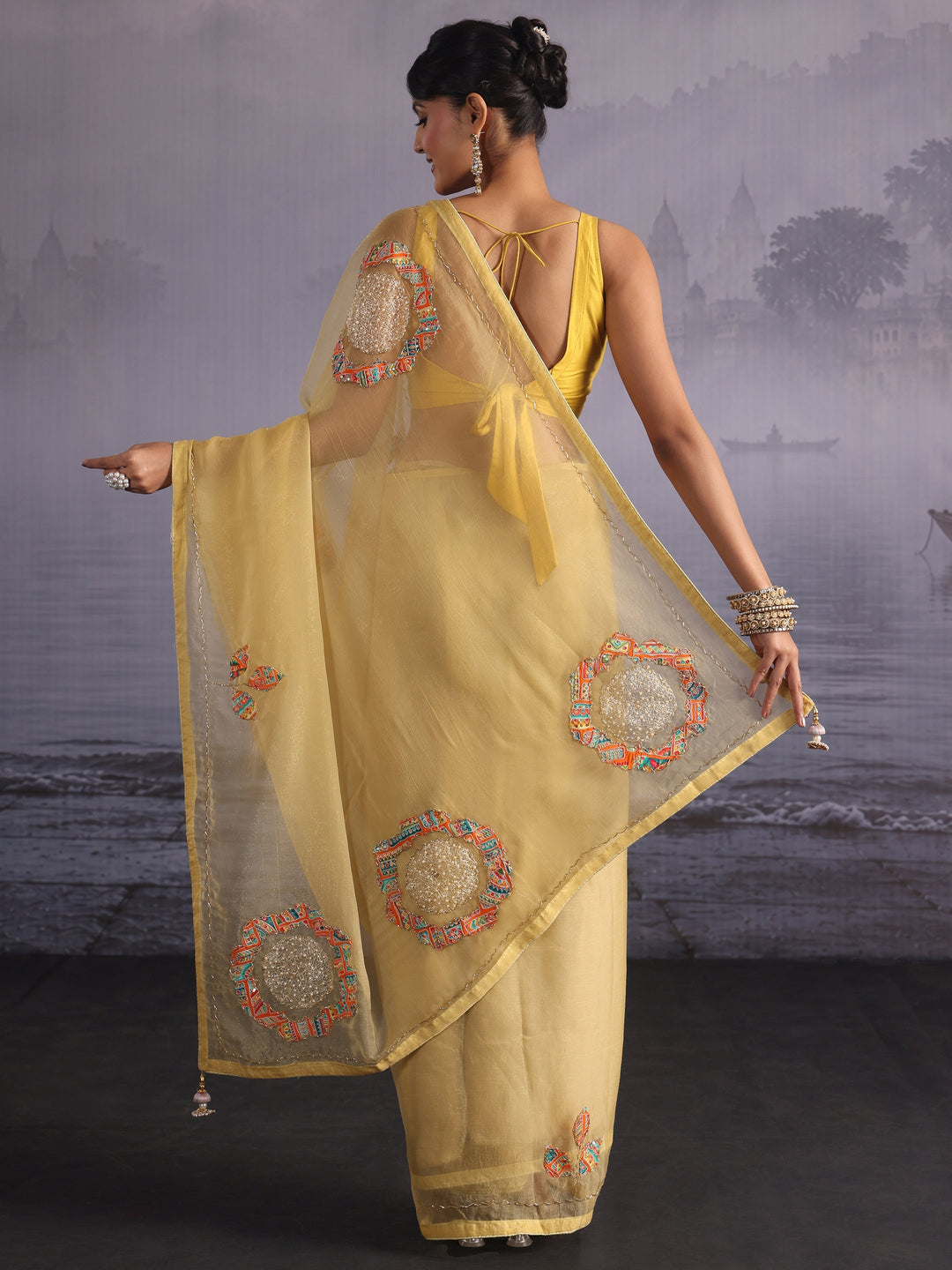  Libas Mustard Floral Applique Embellished Tissue Saree 