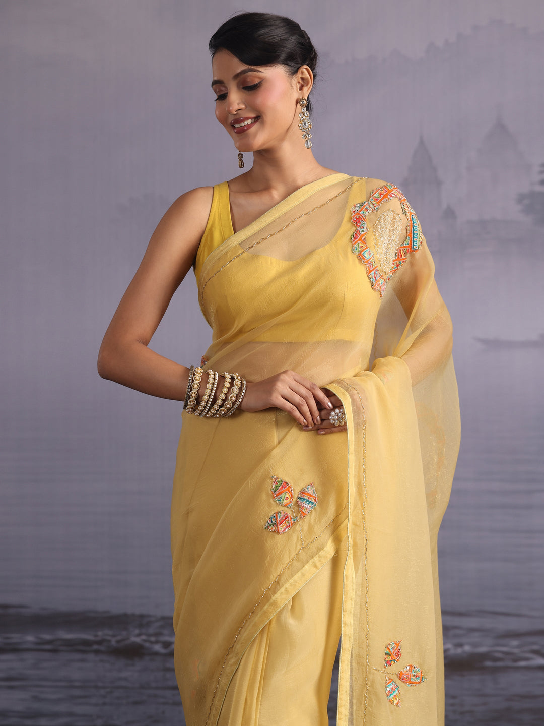  Libas Mustard Floral Applique Embellished Tissue Saree 