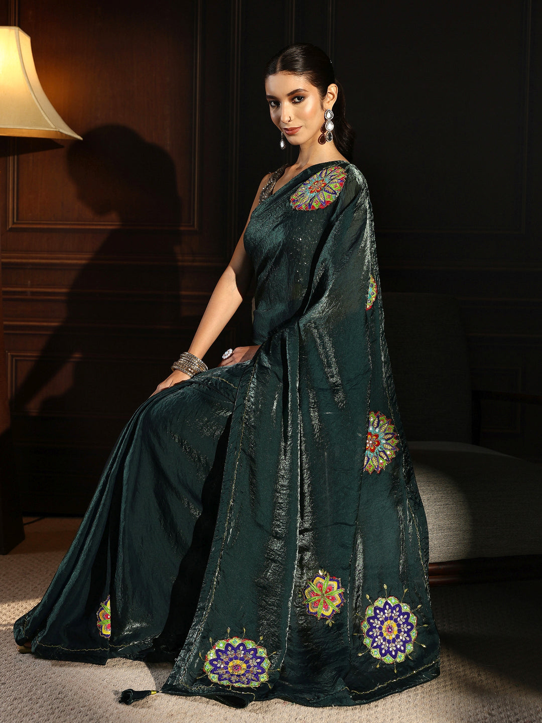  Libas Deep Teal Green Embellished Satin Saree with Applique Work 