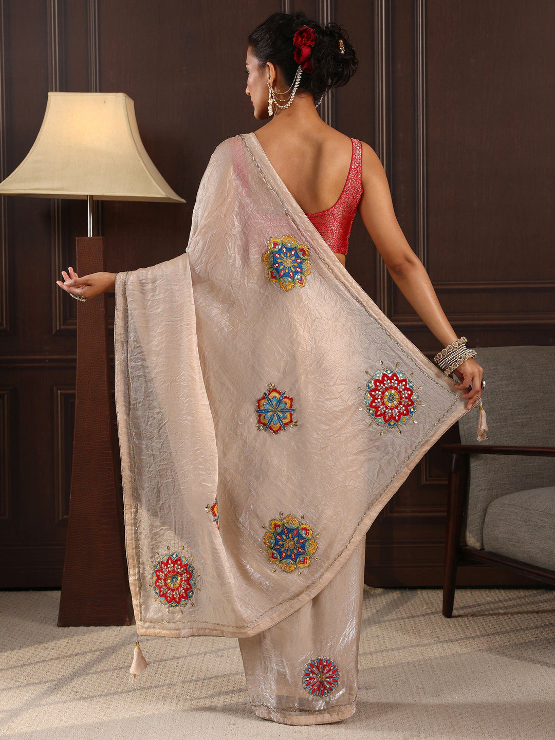  Libas Beige Embellished Satin Saree with Applique Work 