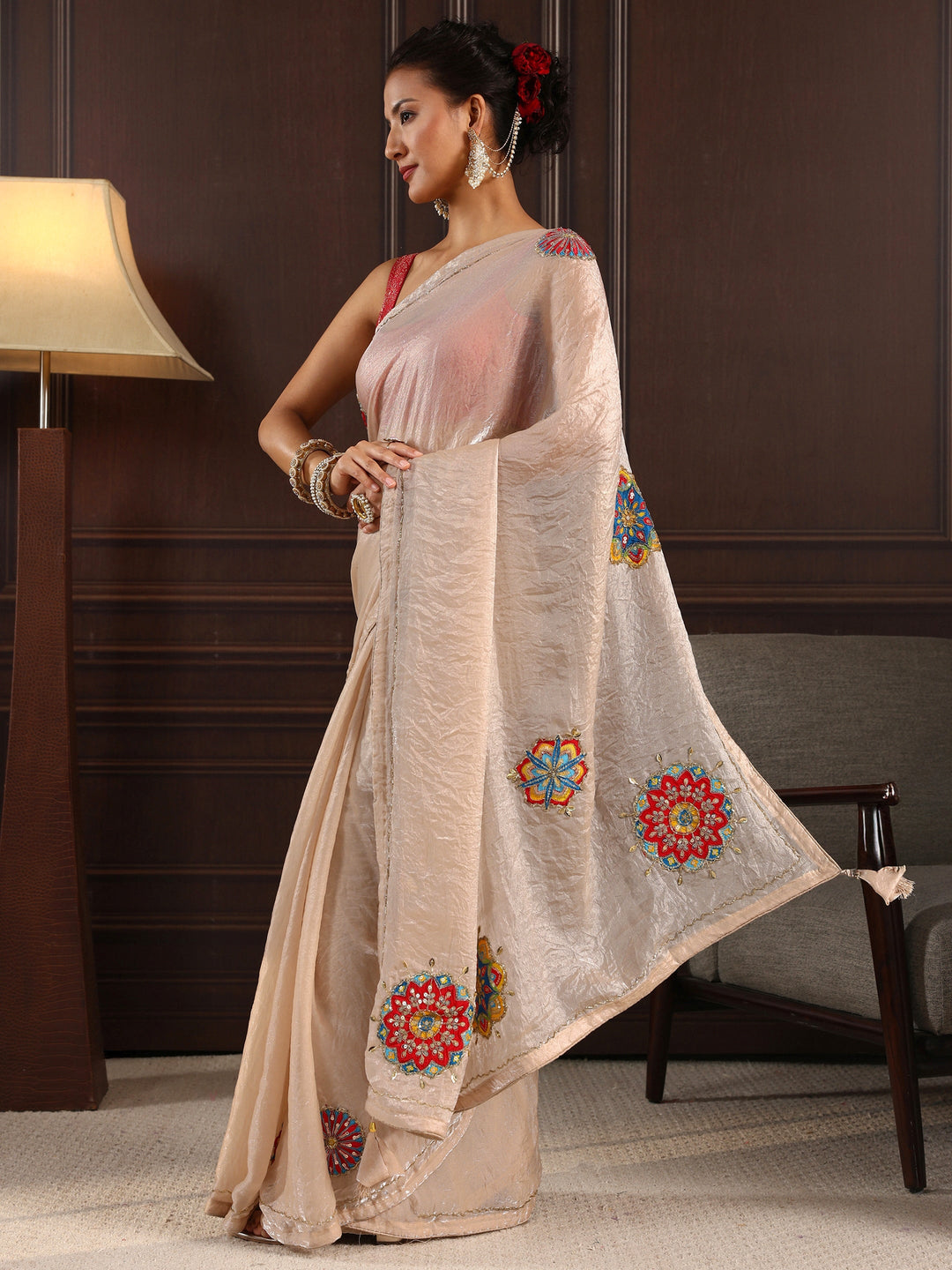  Libas Beige Embellished Satin Saree with Applique Work 
