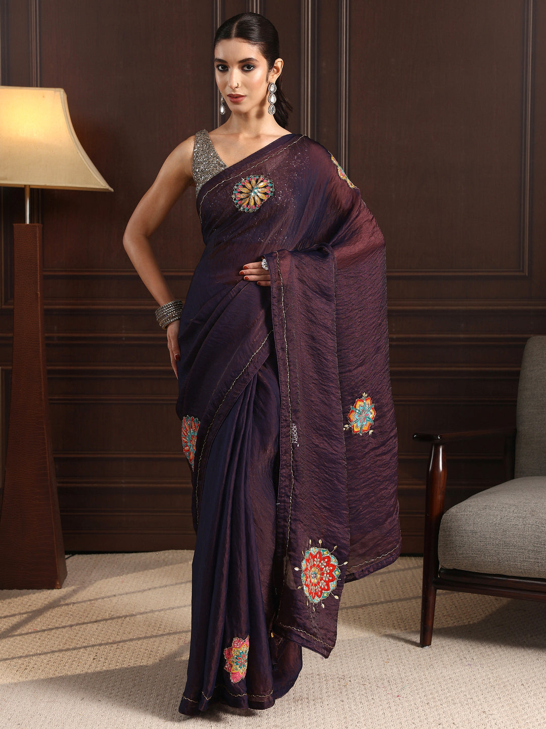  Libas Plum Purple Embellished Satin Saree with Applique Work 