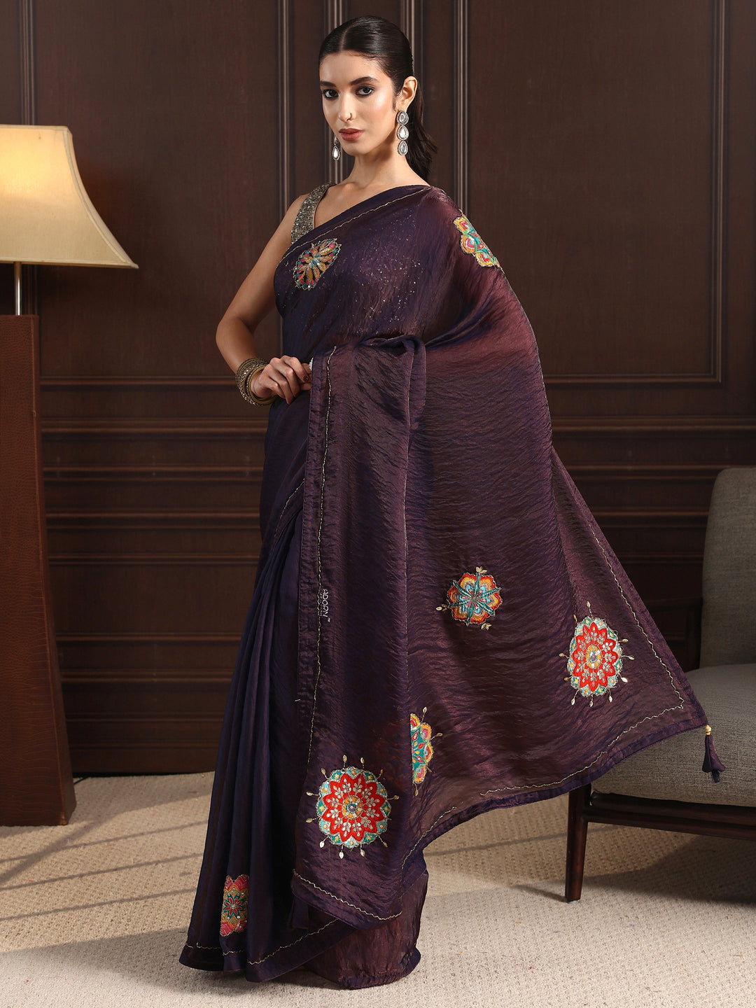  Libas Plum Purple Embellished Satin Saree with Applique Work 