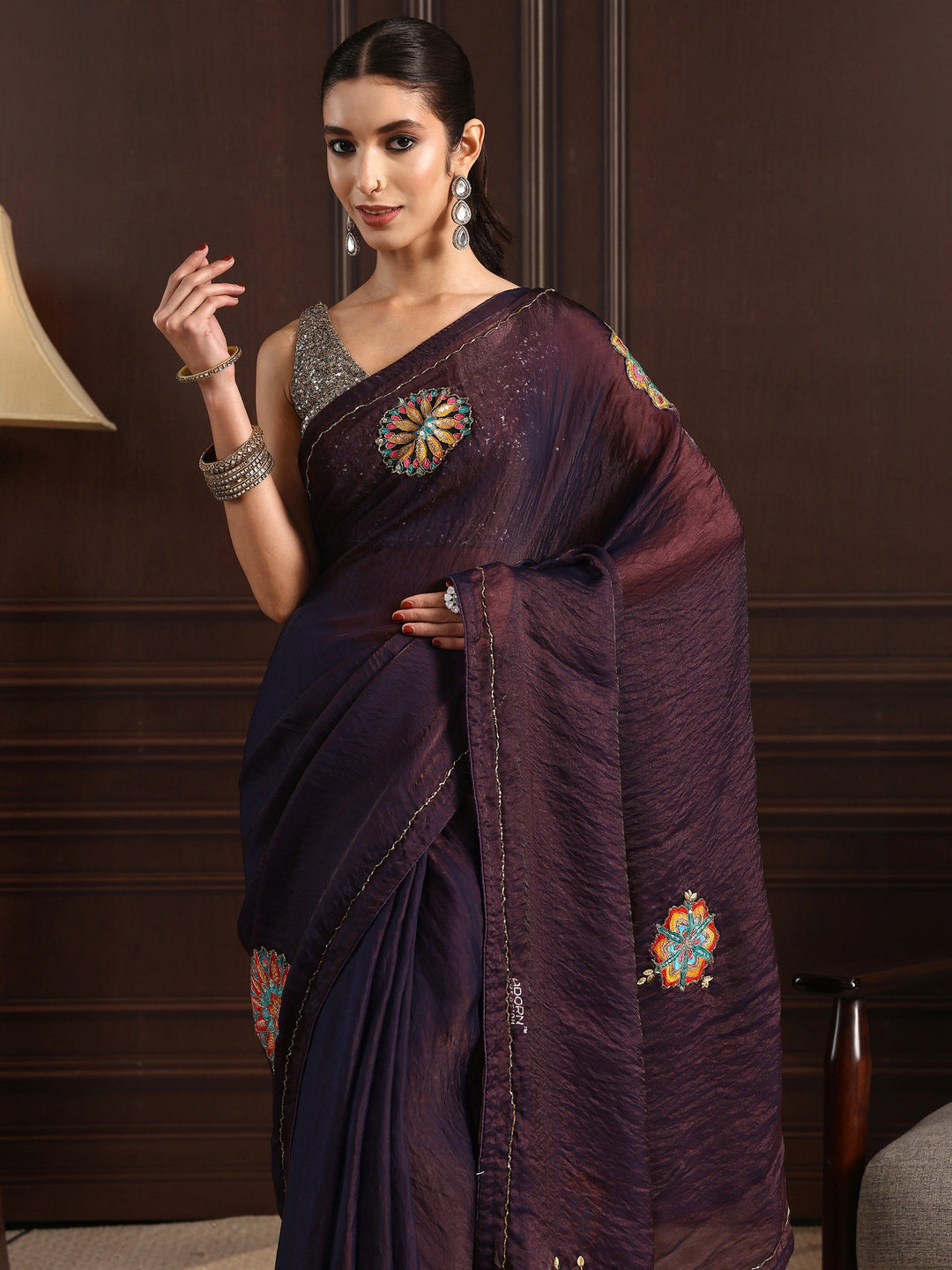  Libas Plum Purple Embellished Satin Saree with Applique Work 