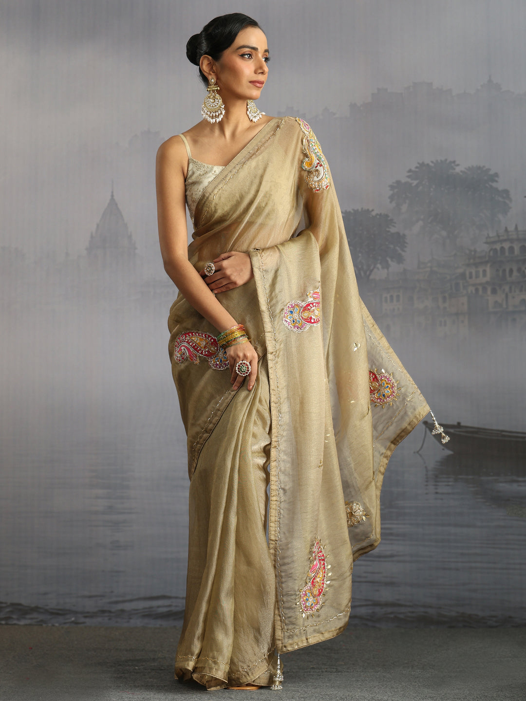  Libas Beige Embellished Tissue Saree with Applique Work 