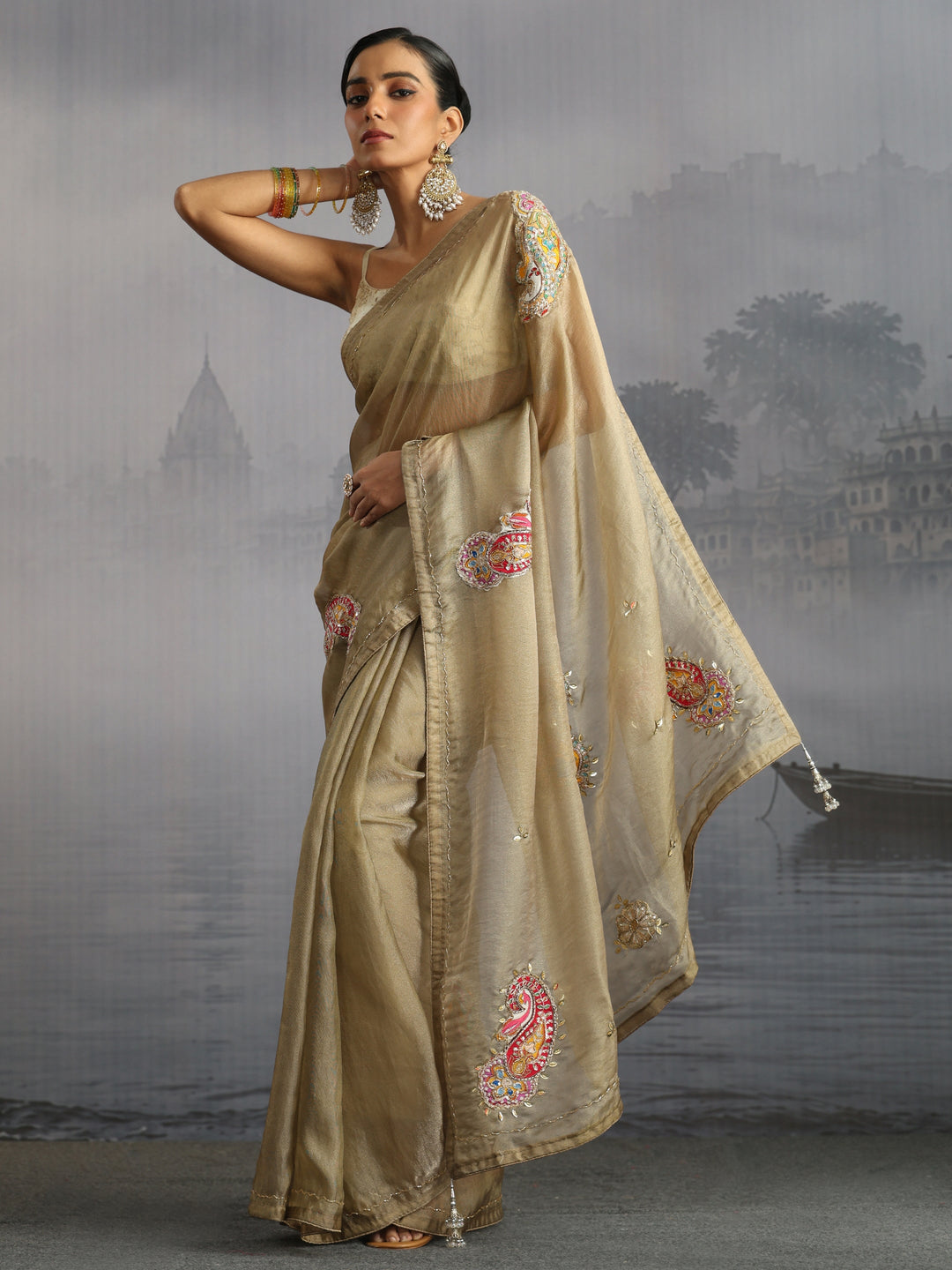  Libas Beige Embellished Tissue Saree with Applique Work 