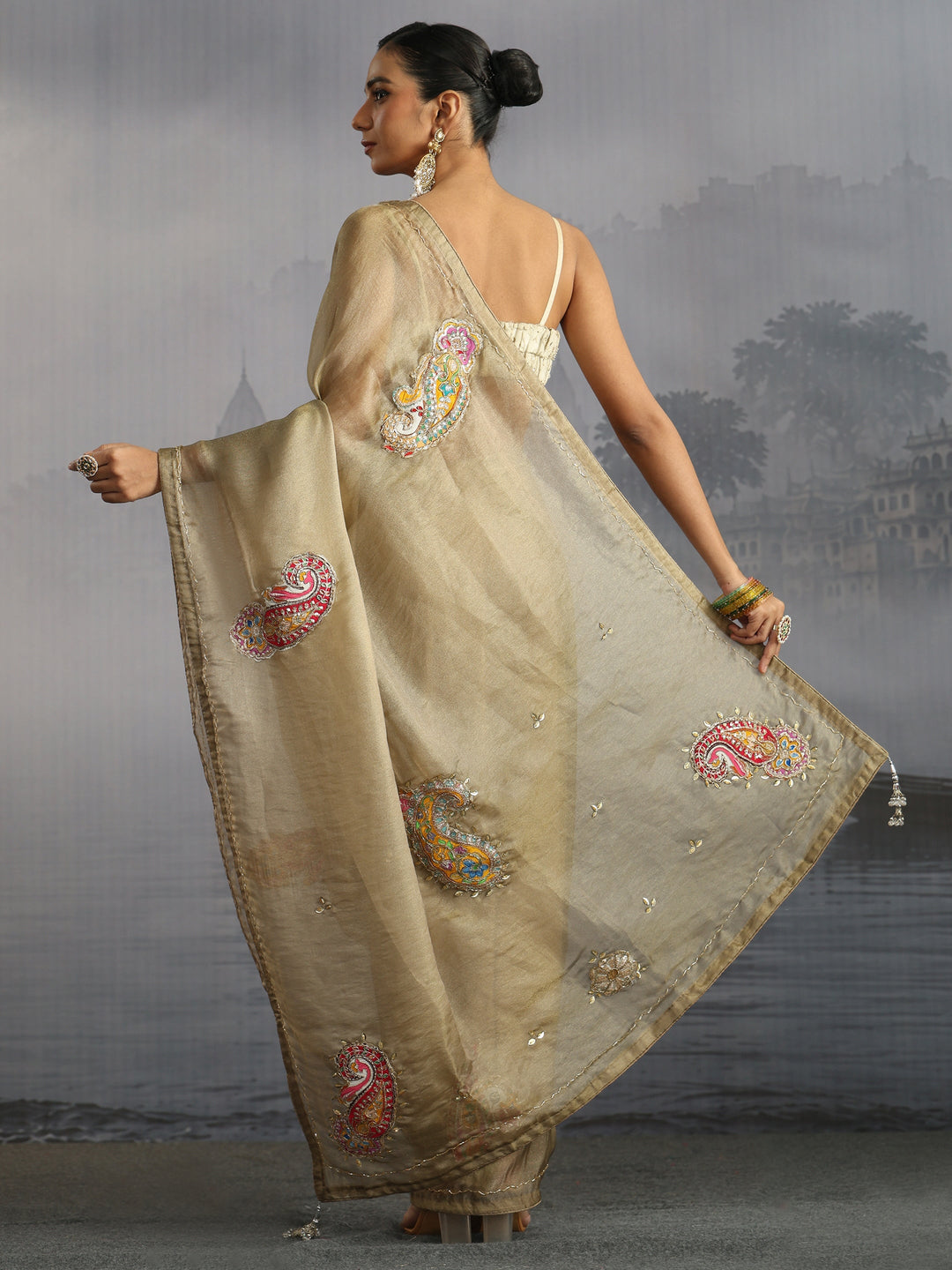  Libas Beige Embellished Tissue Saree with Applique Work 