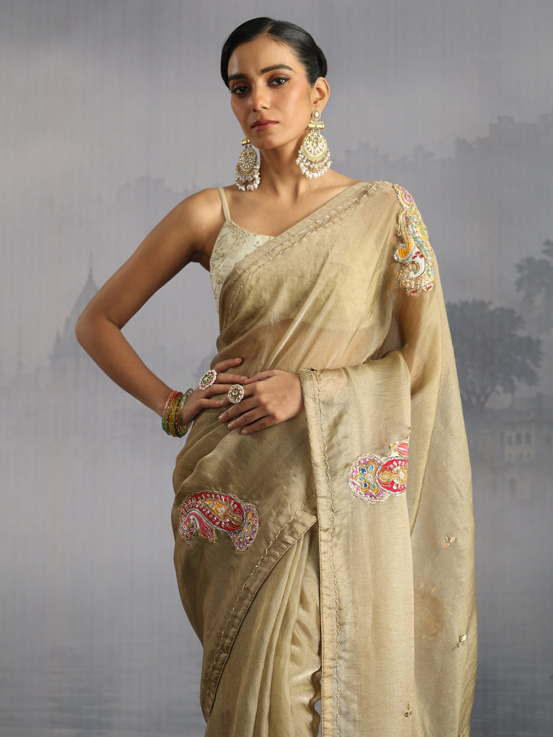  Libas Beige Embellished Tissue Saree with Applique Work 