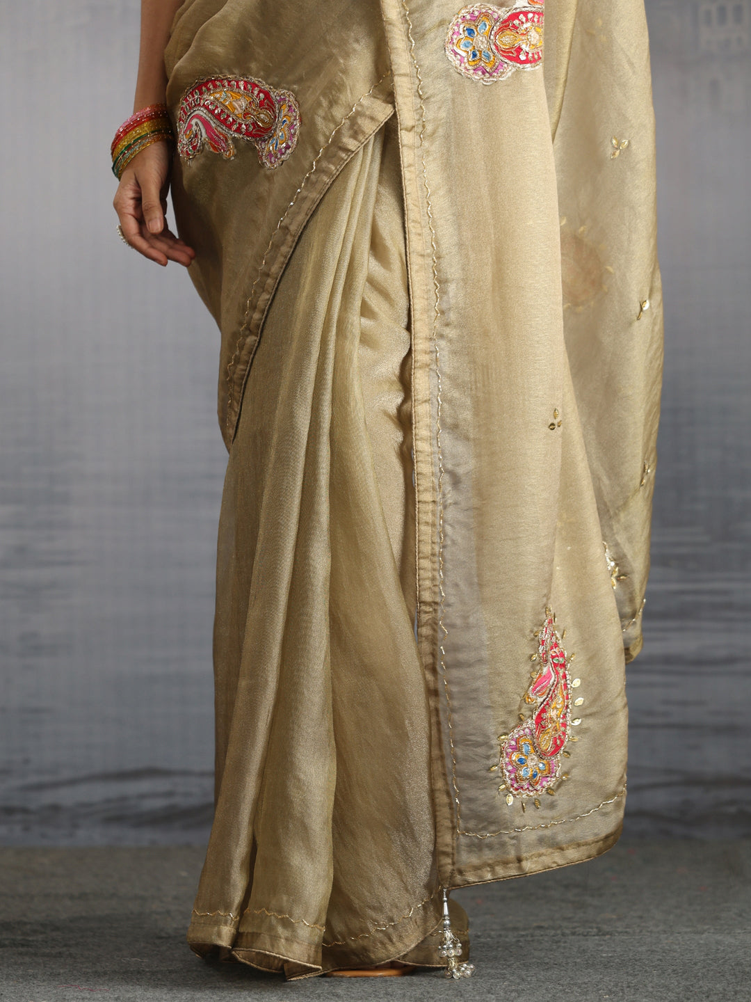  Libas Beige Embellished Tissue Saree with Applique Work 