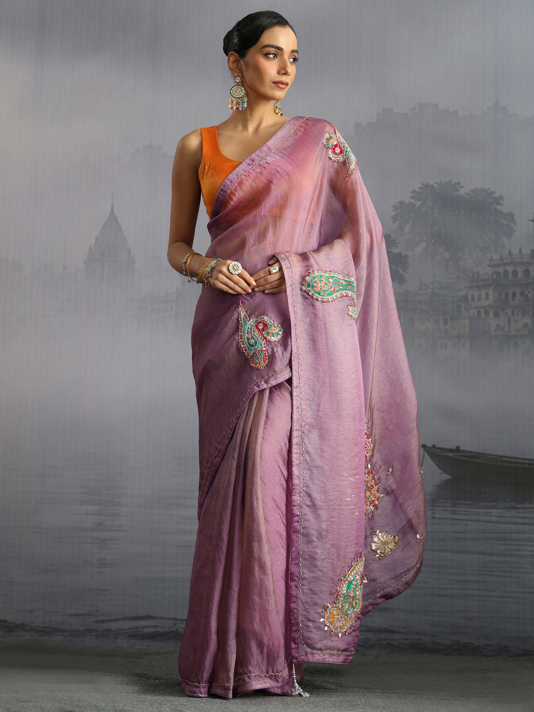  Libas Lavender Embellished Tissue Saree with Applique Work 