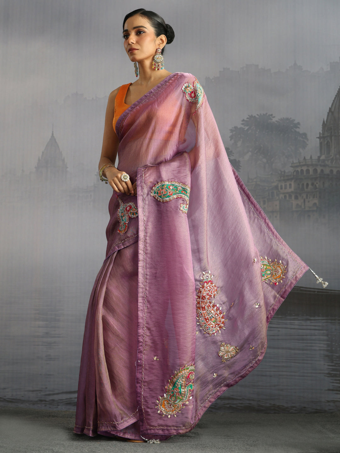  Libas Lavender Embellished Tissue Saree with Applique Work 