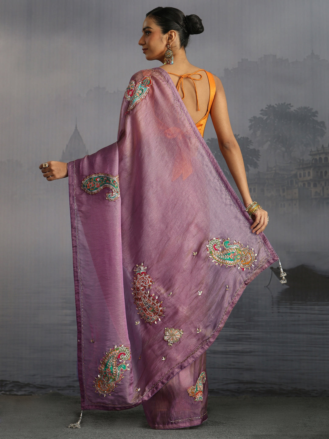  Libas Lavender Embellished Tissue Saree with Applique Work 