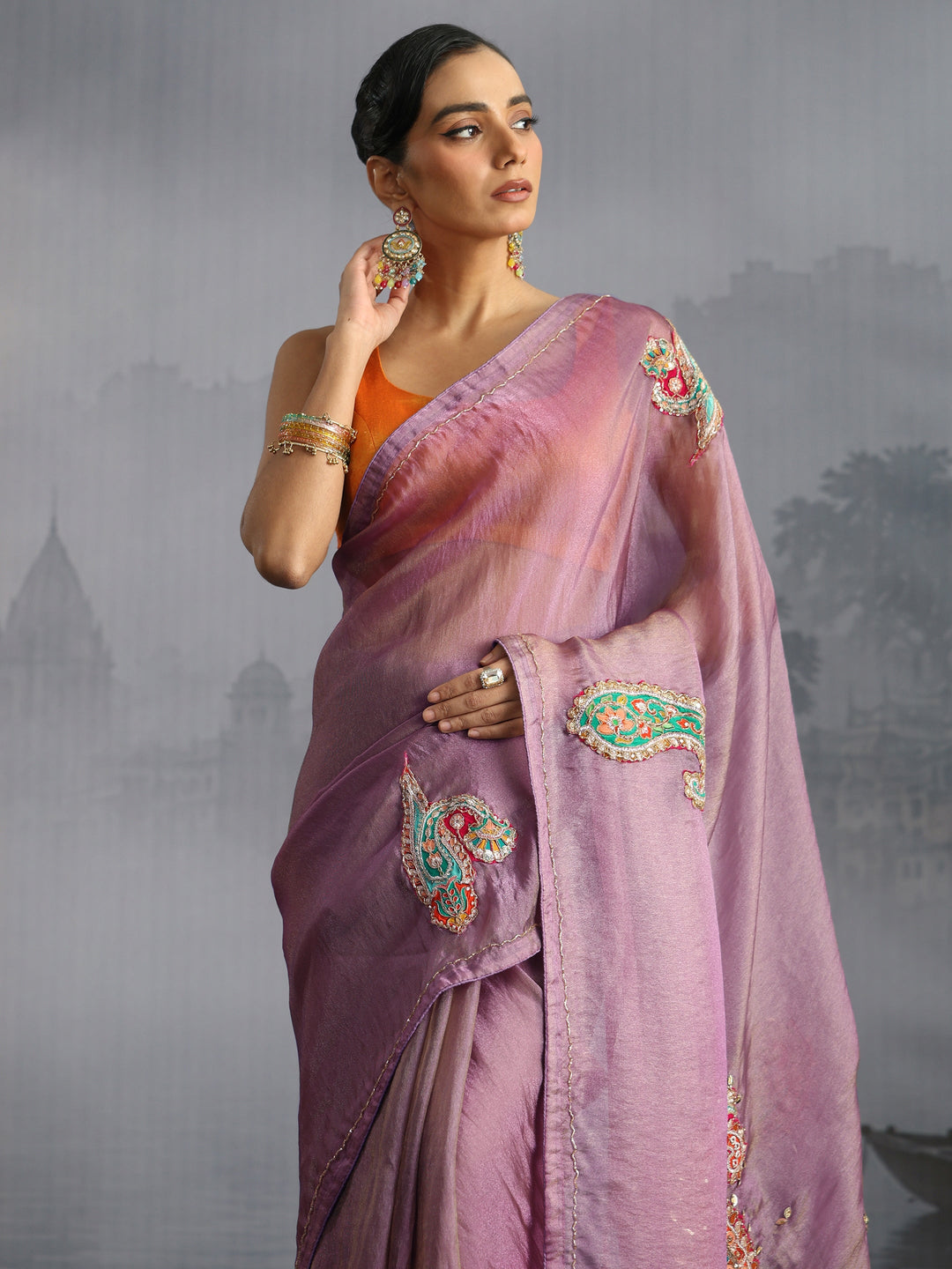  Libas Lavender Embellished Tissue Saree with Applique Work 