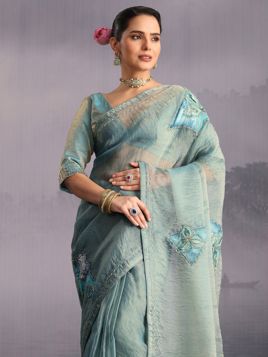  Libas Blue Embellished Tissue Saree with Applique Work 