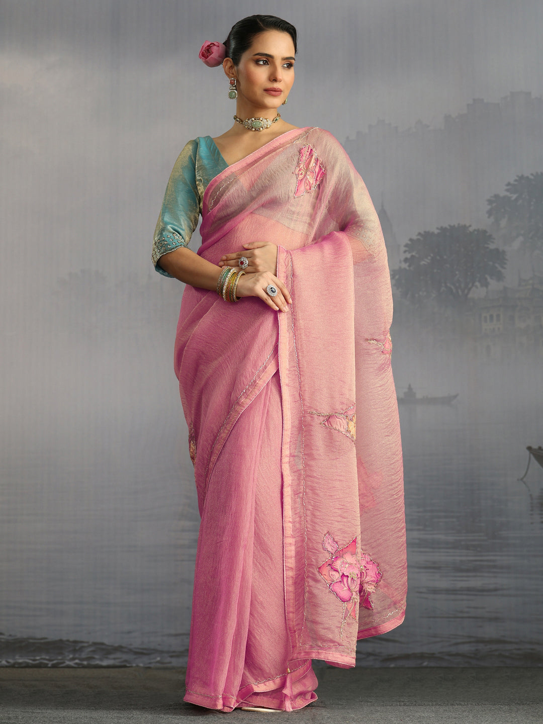  Libas Pink Embellished Tissue Saree with Applique Work 