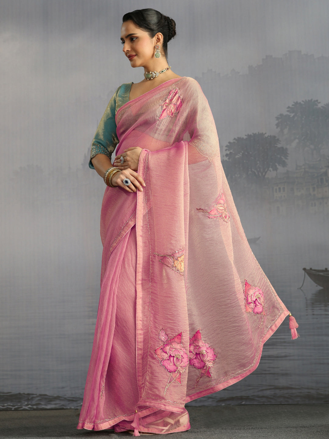  Libas Pink Embellished Tissue Saree with Applique Work 